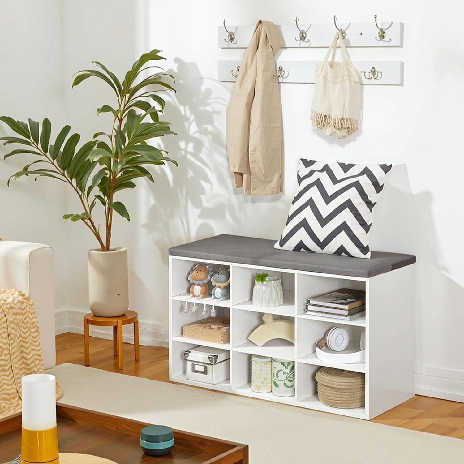 Shoe Storage Bench with Cushion & Hooks, 9 Cubbies, 80cm Hallway Unit