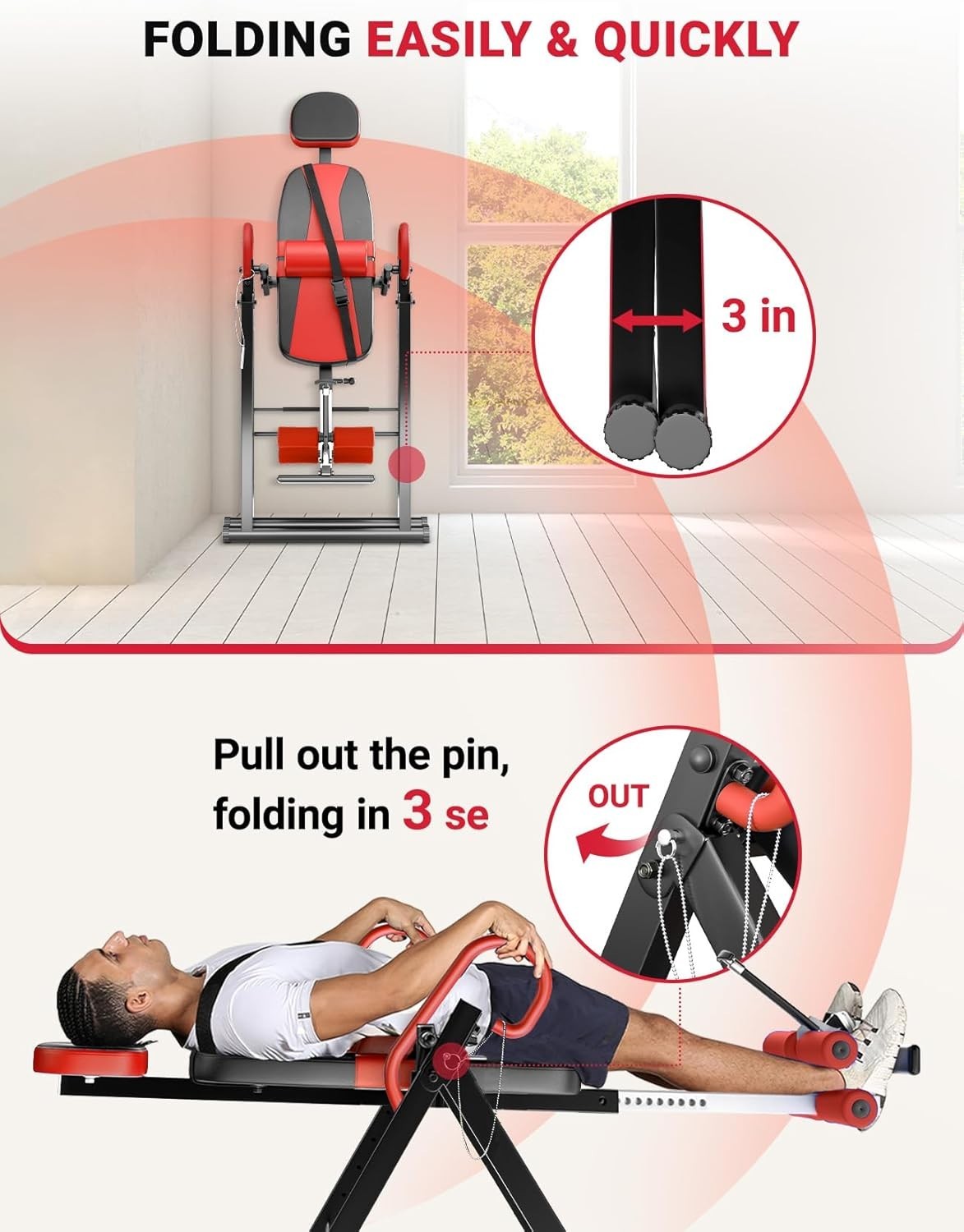 Red Gravity Inversion Table Heavy Duty Back Stretcher for Pain Relief