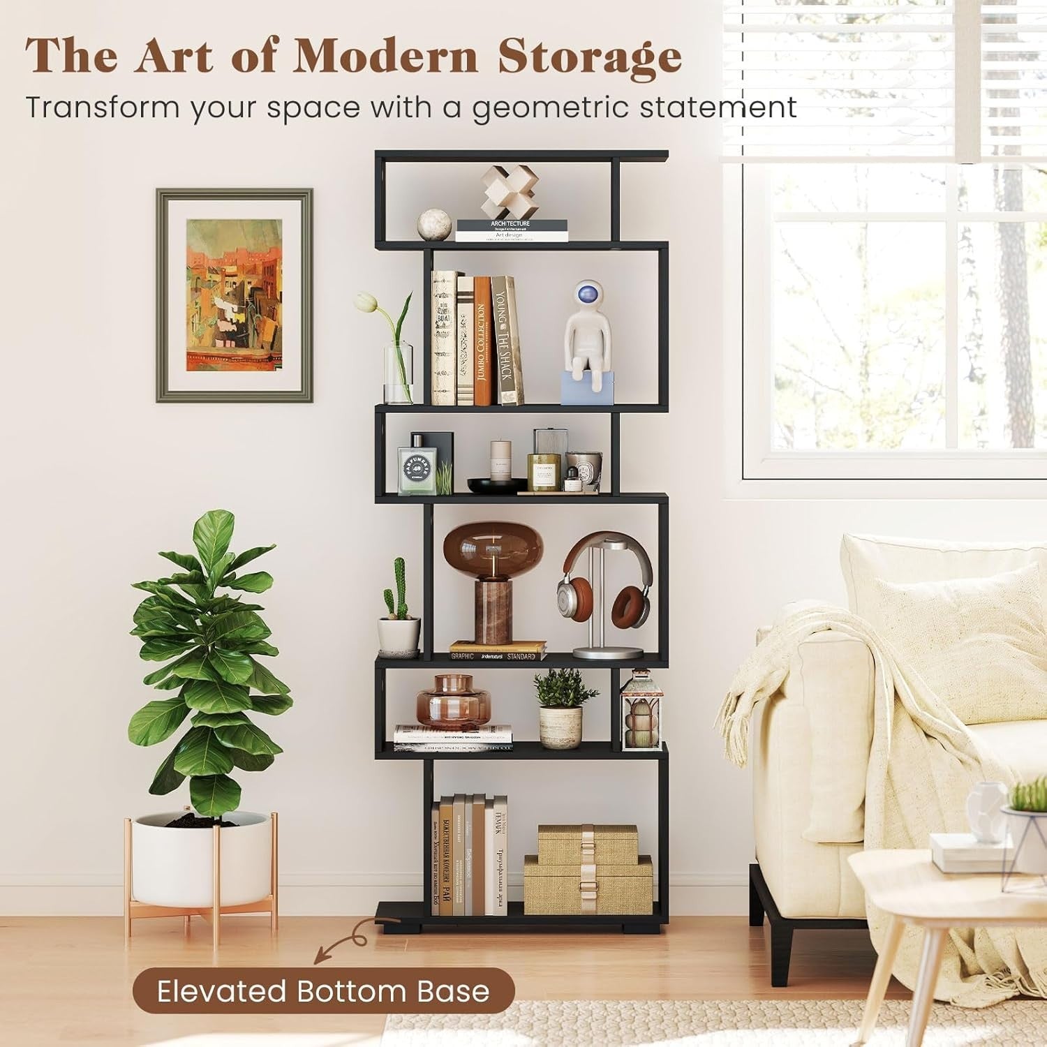 6-Tier S-Shaped Bookshelf Ladder Shelf Black 163x60x20cm with Anti-Tip Kits