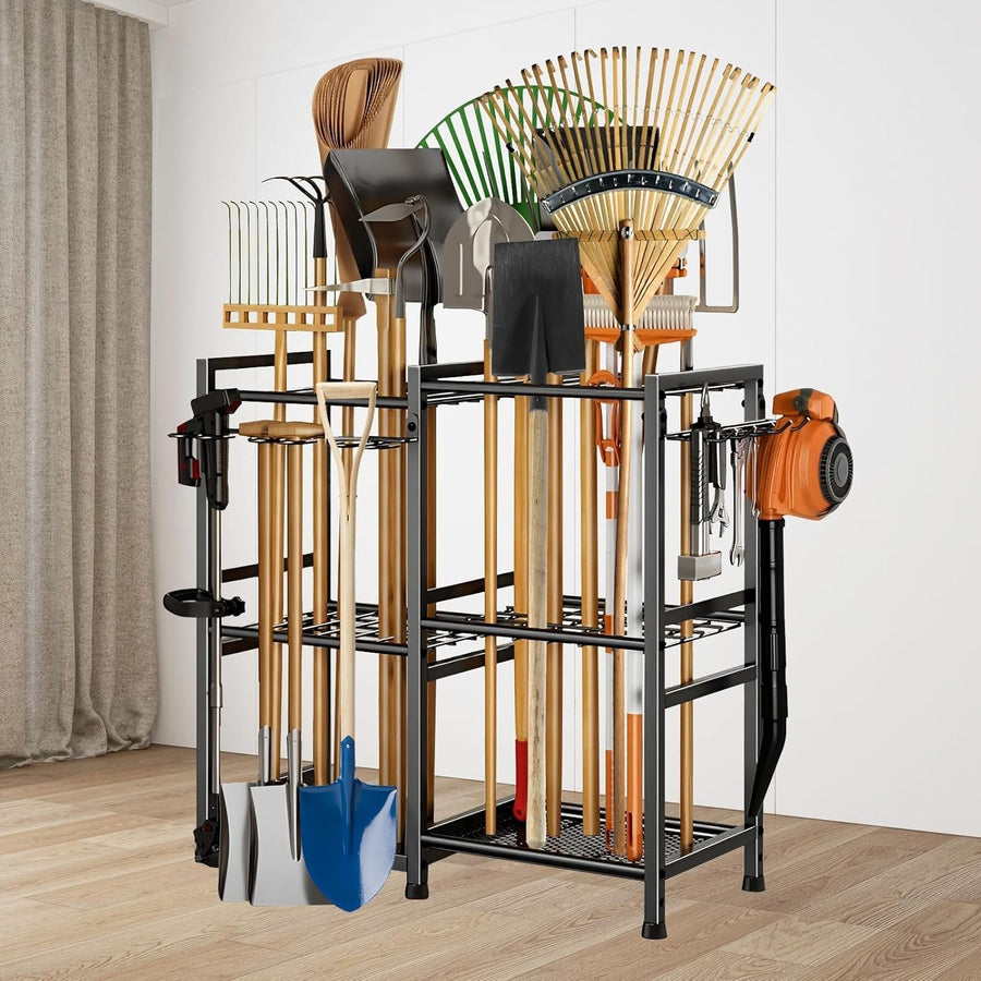 3-Tier Mobile Garden Tool Rack Metal Storage Holder for Shovels Rakes Brooms