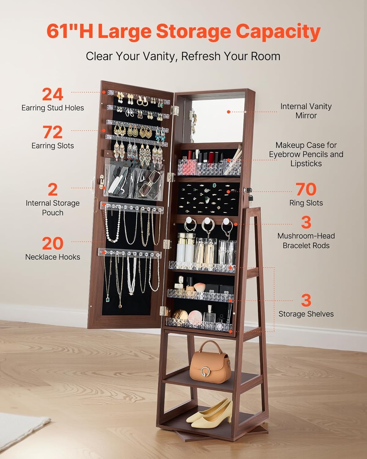 360 Swivel Standing Jewelry Organizer Mirror Lockable Rotating Storage Cabinet
