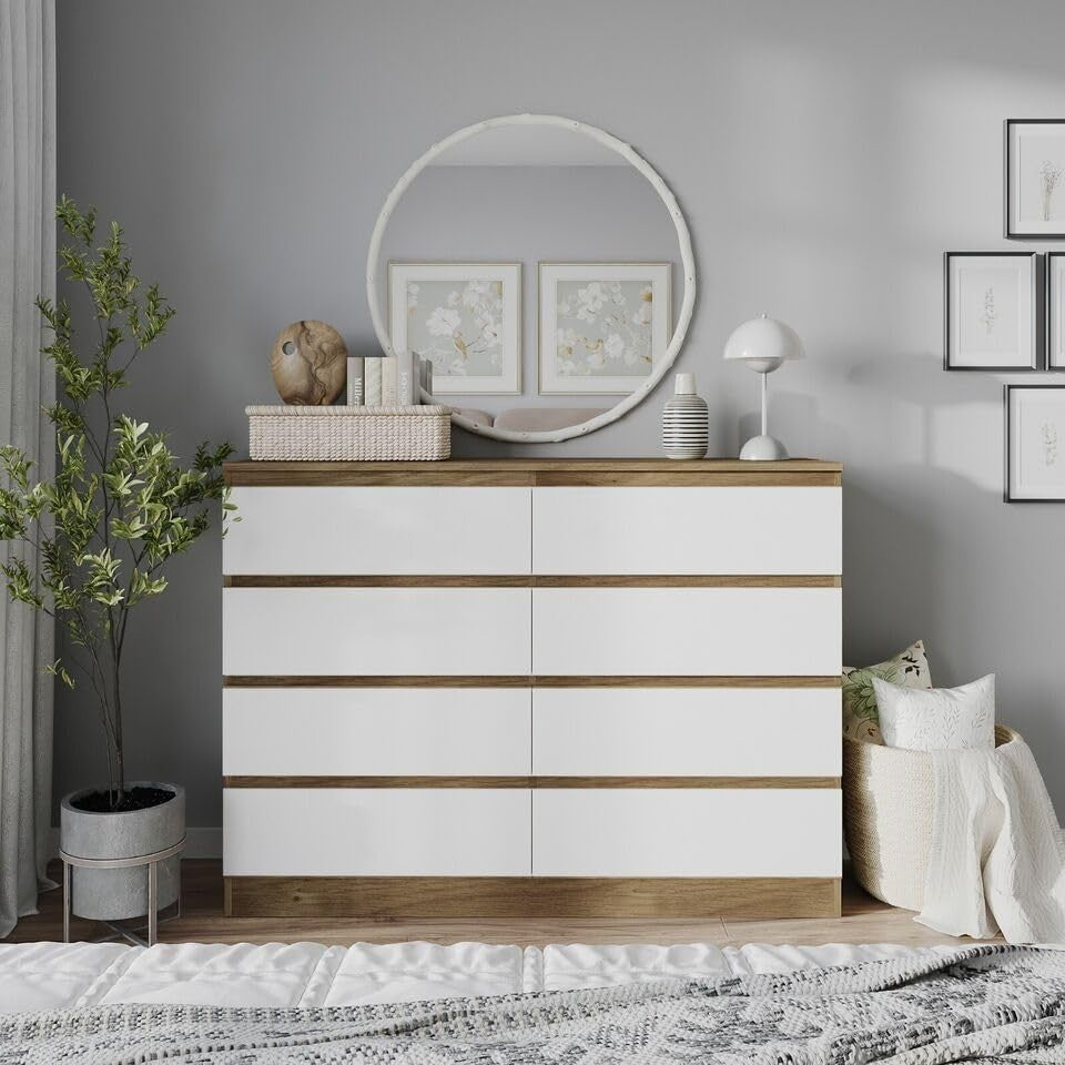 8 Drawer Chest Oak White Storage Cabinet for Bedroom Hallway Office