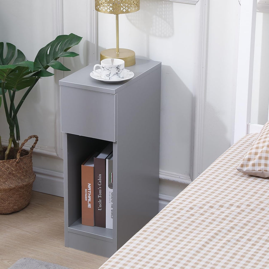 Slim Grey Bedside Table with Drawer & Shelf, Modern Narrow Nightstand Storage