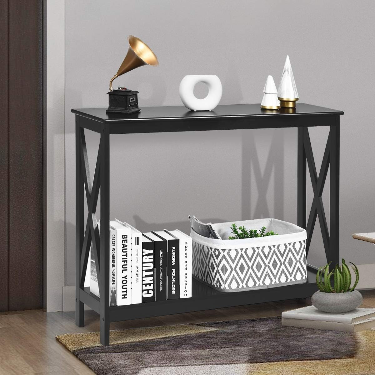 Slim Black Console Table with Shelves – 2-Tier Entryway Hallway Unit