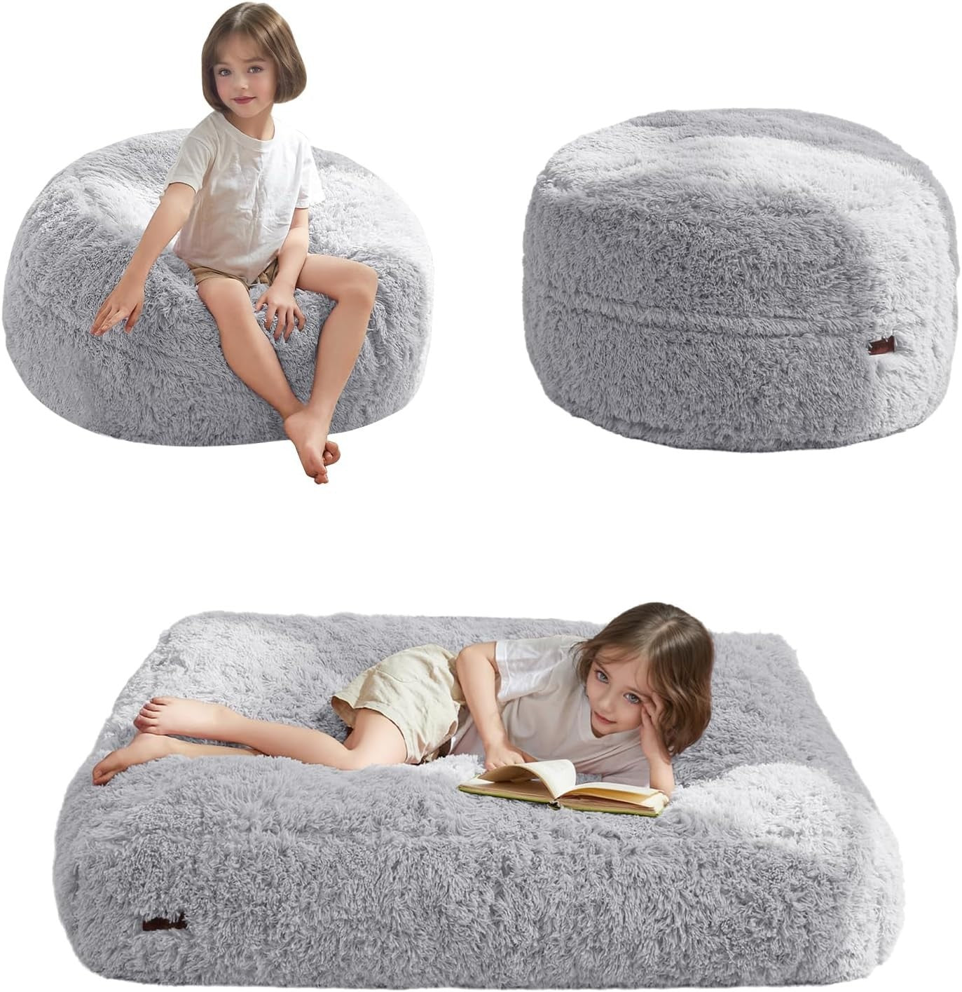 Grey Plush Kids Bean Bag Chair Bed Sofa Lounger Faux Fur Washable Foldable