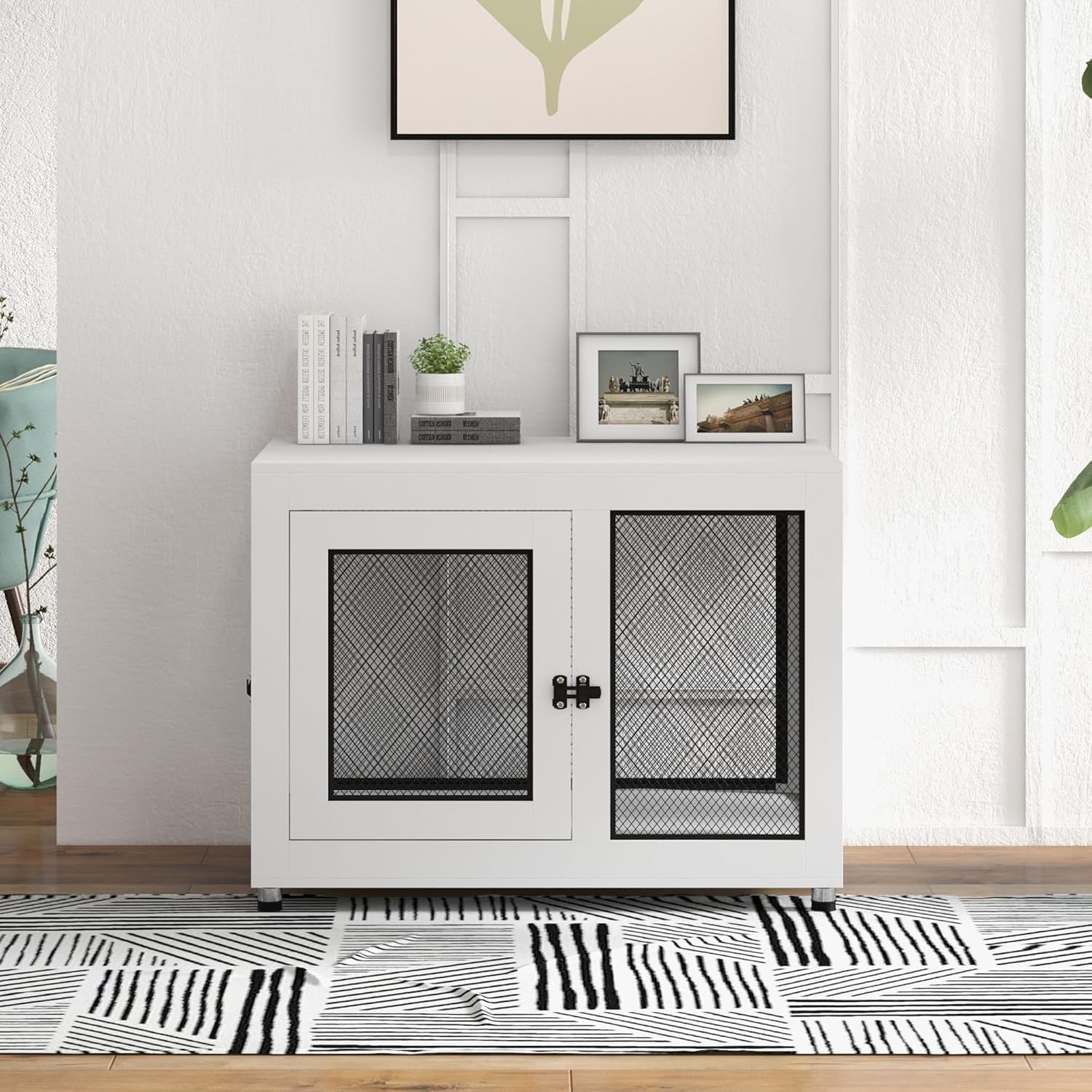 Modern Dog Crate Furniture Table 94x60x71.5cm White Lockable Kennel w/Cushion