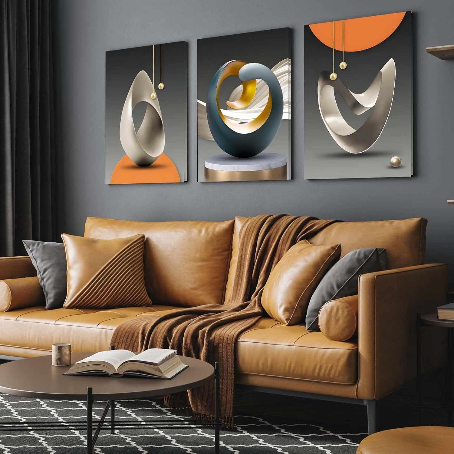 Set of 3 Abstract Geometric Canvas Wall Art 12x16 Framed Modern Decor