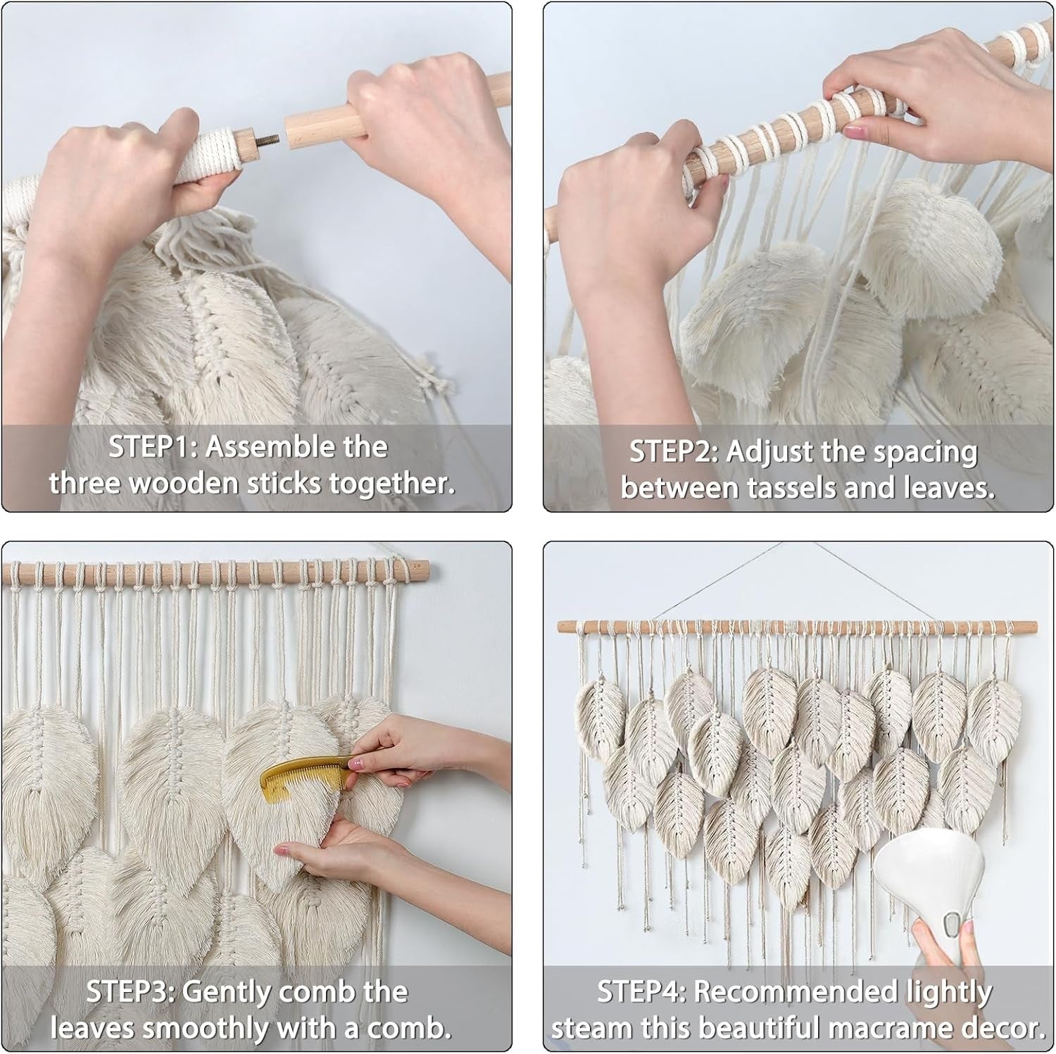 Beige Large Leaf Macrame Wall Hanging 39"x29.5" Boho Decor
