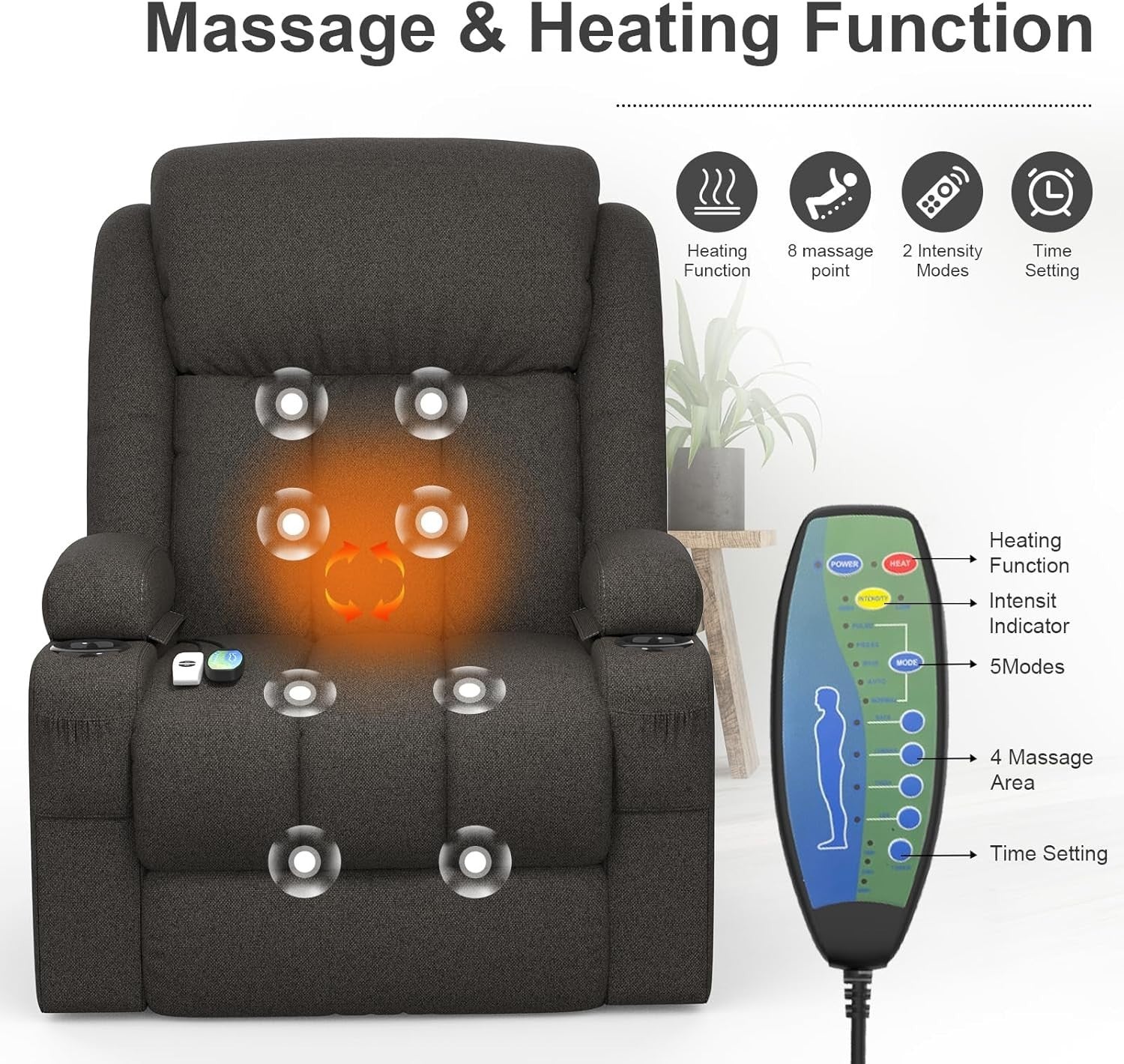 Power Lift Recliner Chair Massage Heat USB Ports Cup Holders Fabric Dark Grey