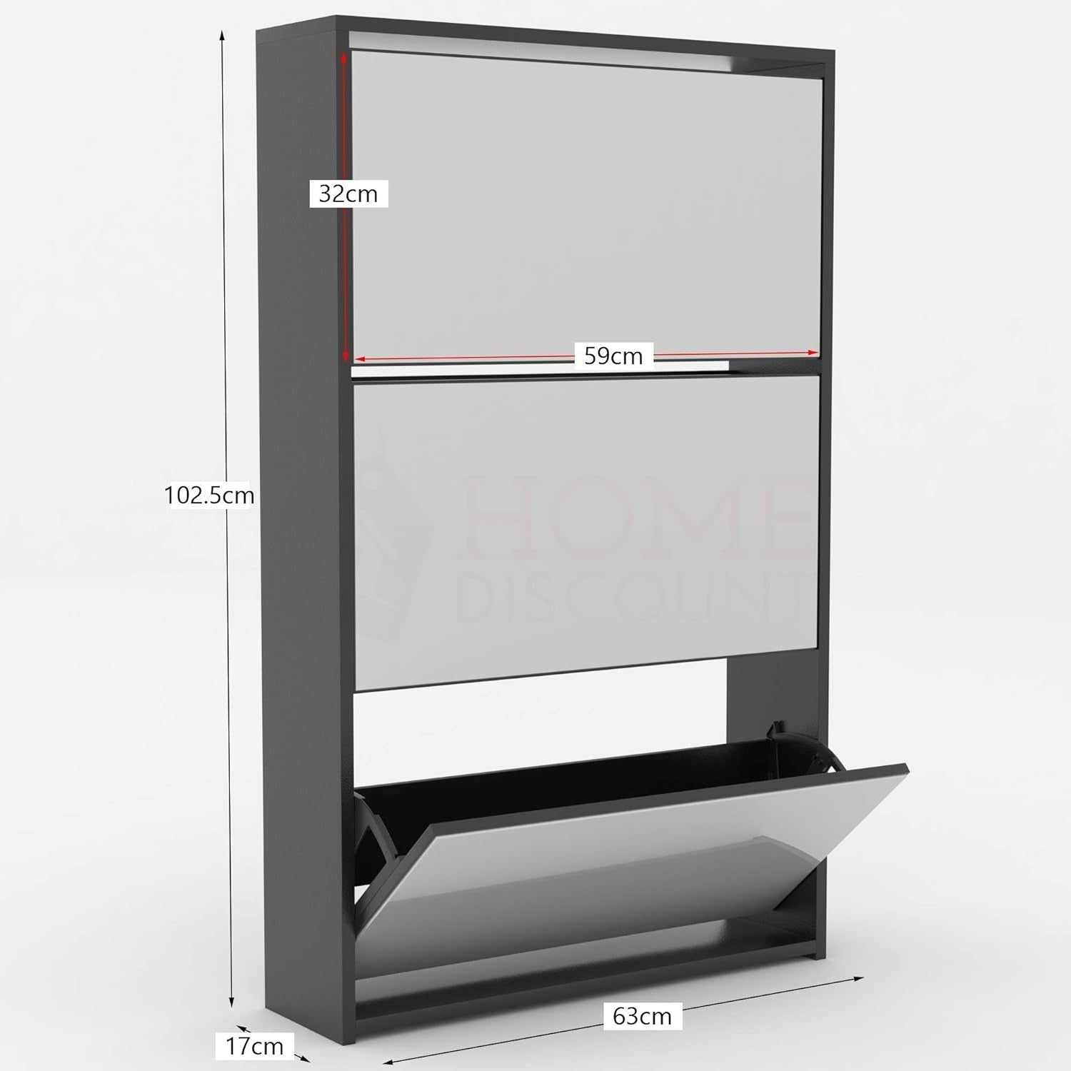 Mirrored 3-Drawer Shoe Cabinet Hallway Storage Unit 62x16.5x100cm Black