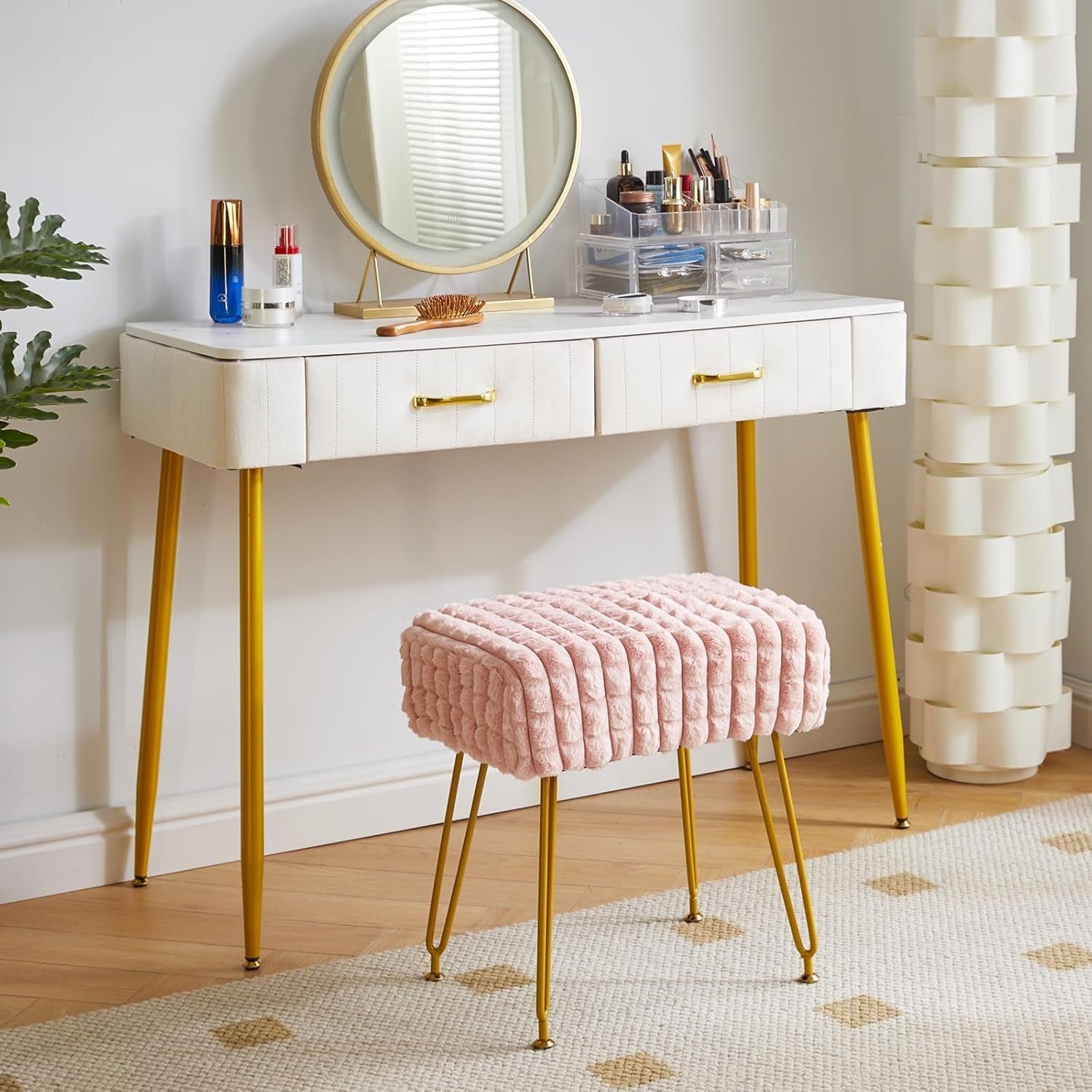 Pink Velvet Footrest Stool Ottoman – Gold Legs, Compact Vanity Seat & Side Table