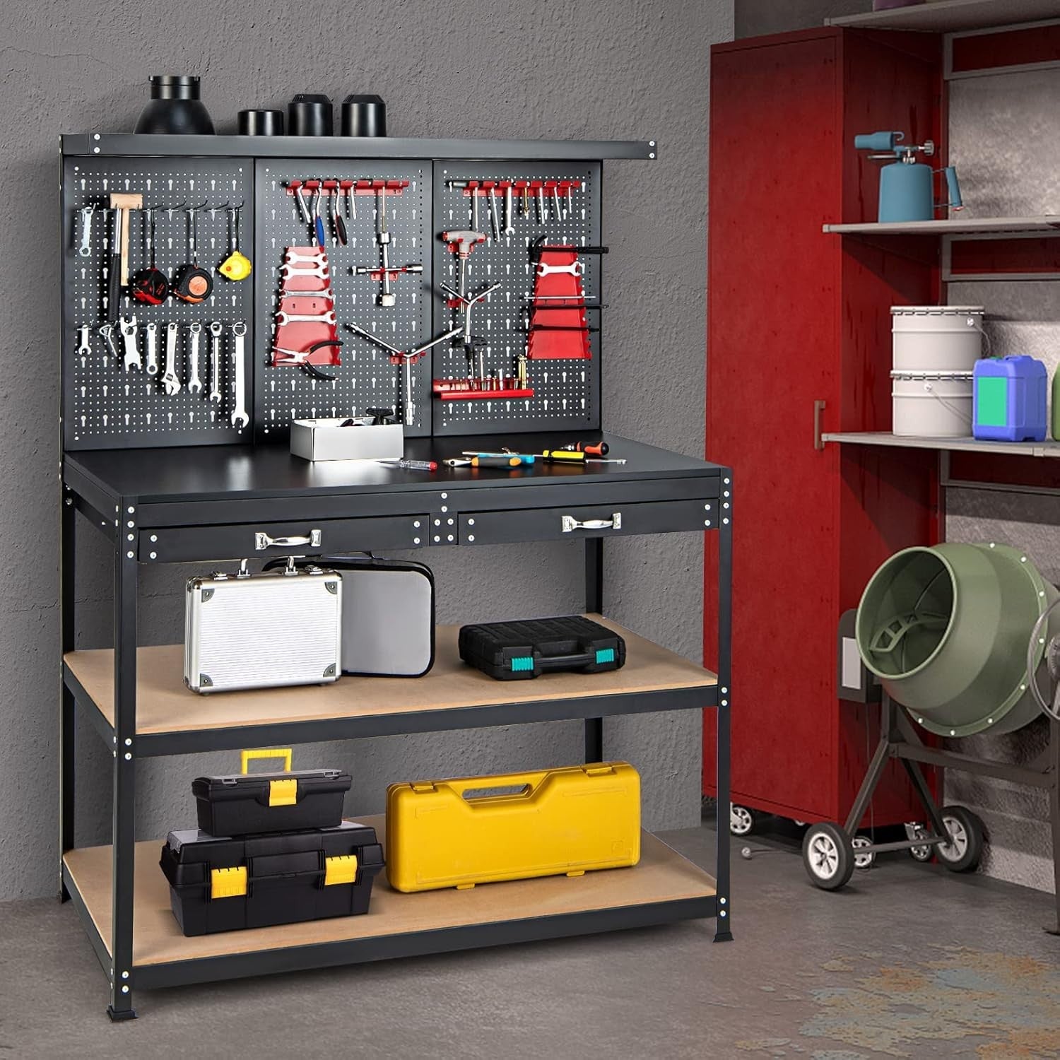 Heavy Duty Garage Workbench with Pegboard 2 Drawers Shelves 121x61 Tool Station