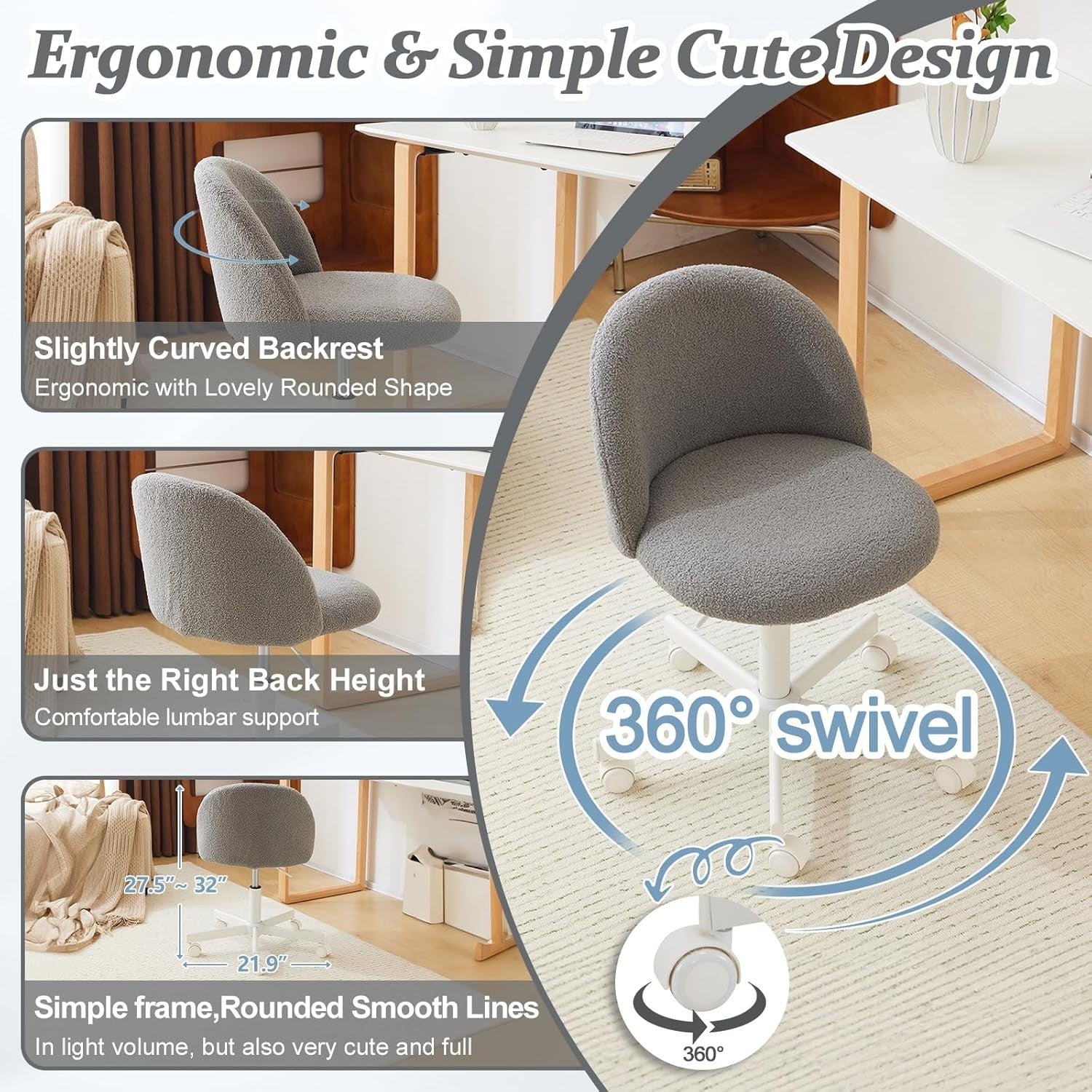 Grey Swivel Desk Chair Small Teddy Fleece Adjustable Height Modern Vanity Seat