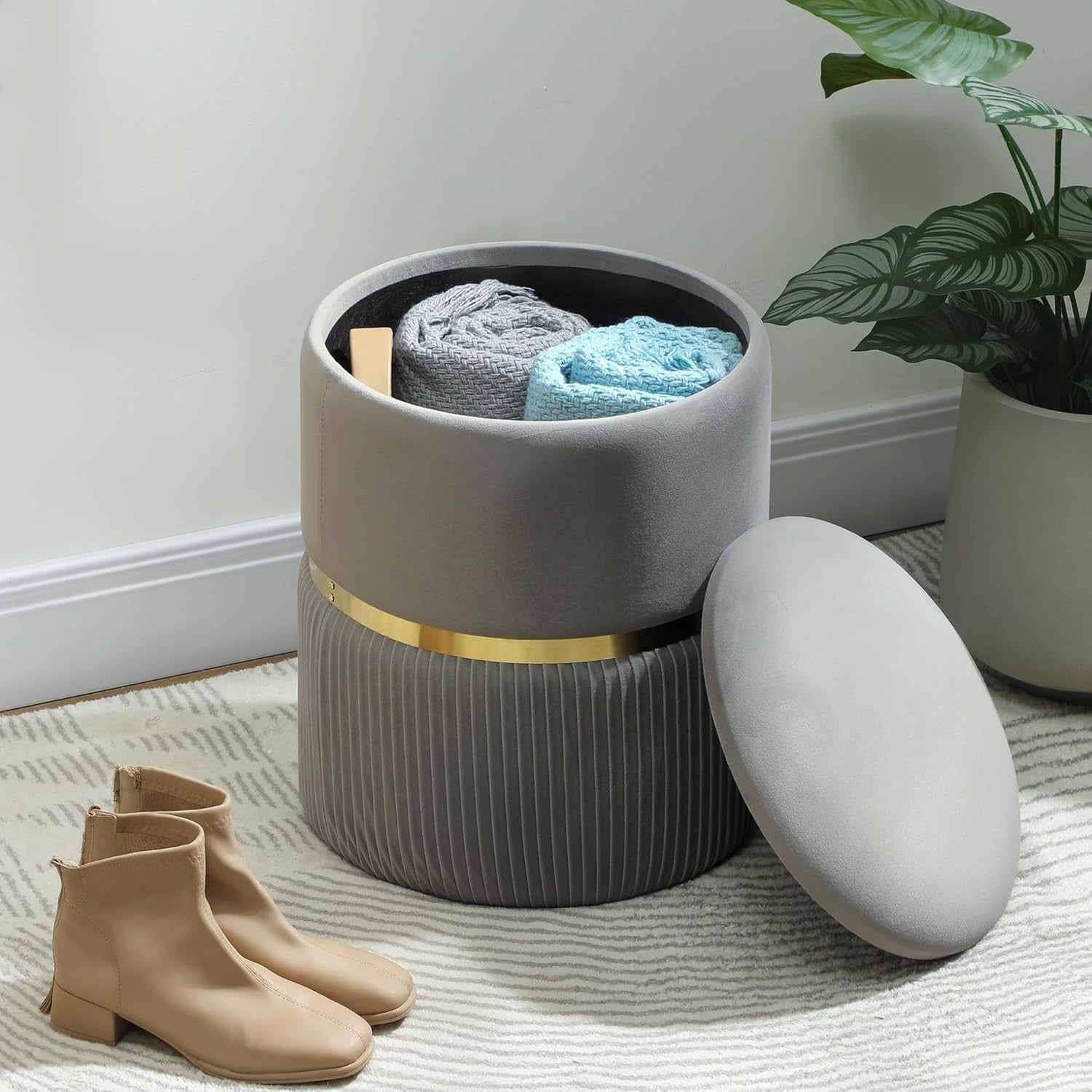 Light Grey Round Storage Stool Velvet Ottoman Padded Seat Vanity Footrest