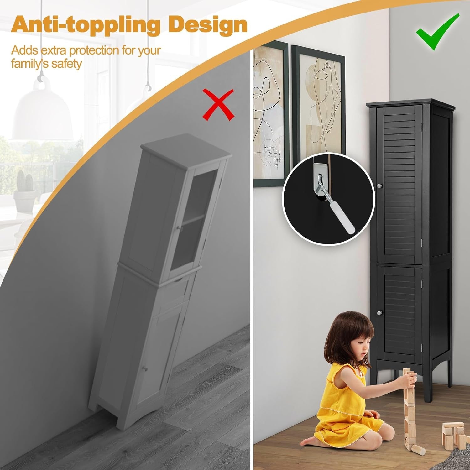 Black Tall Bathroom Cabinet with 5 Shelves & 2 Doors Freestanding Storage