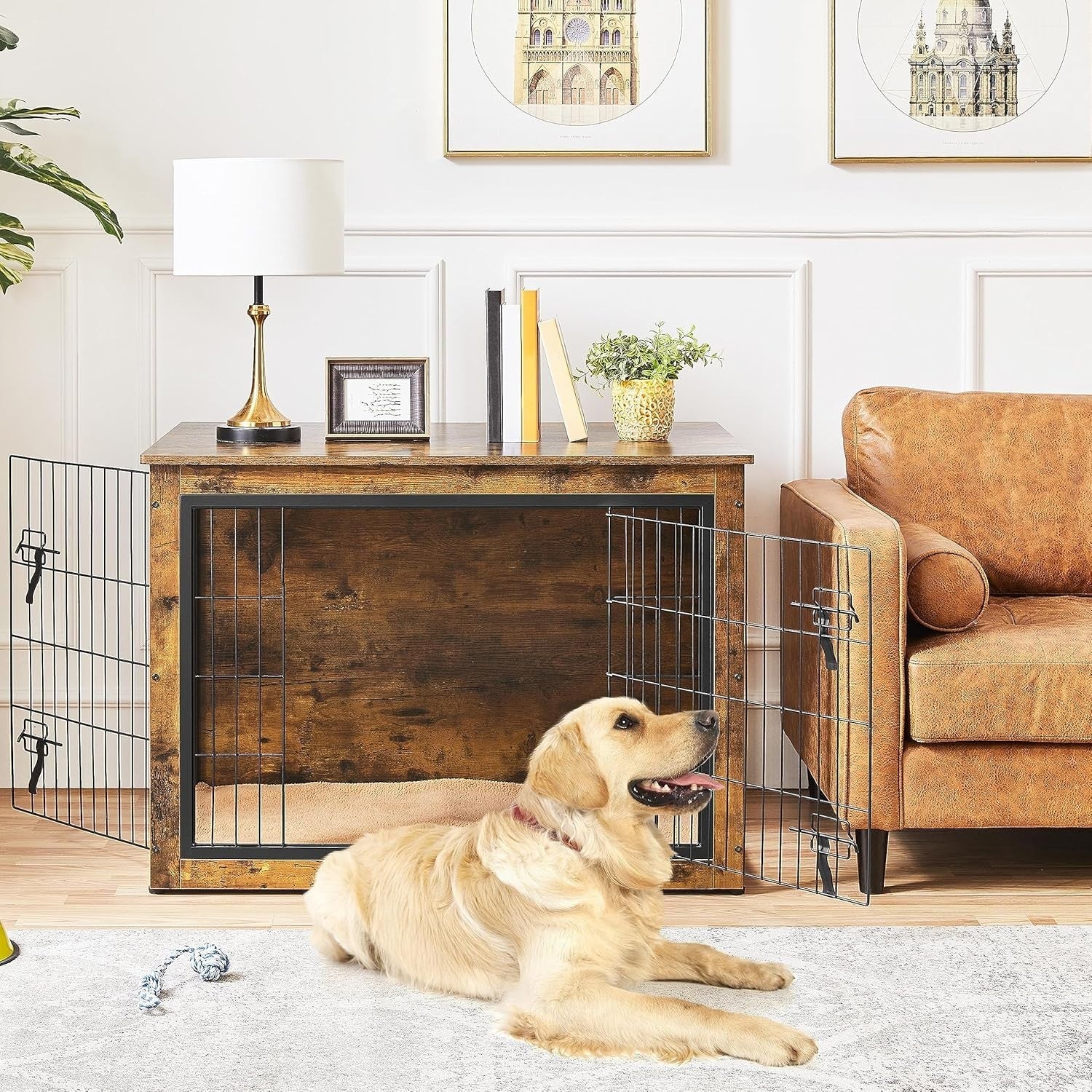 Large Rustic Brown Dog Crate Furniture with Cushion & Double Lock Doors 102x71x7