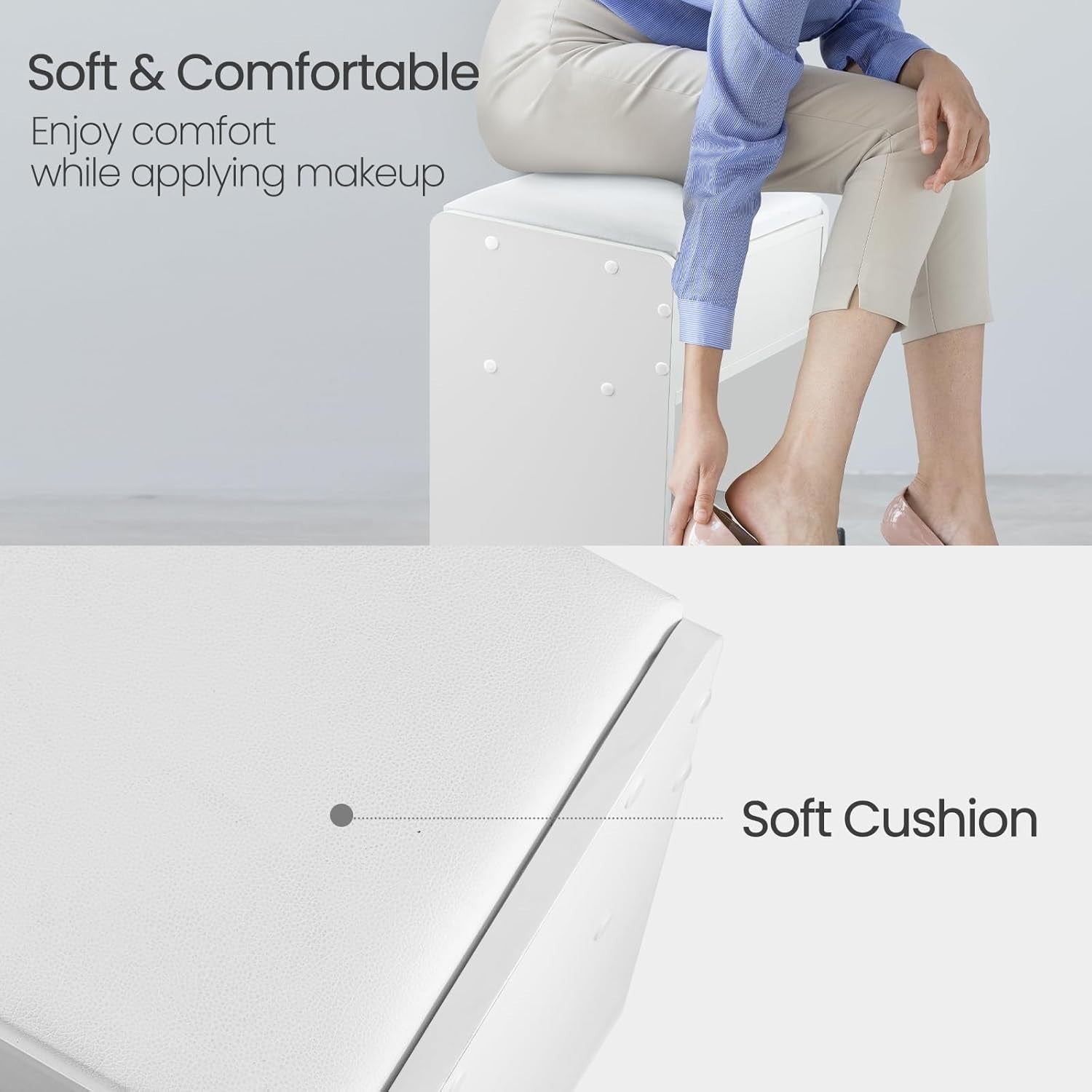 White Padded Vanity Stool with Drawer – Soft PU Makeup Chair for Bedroom