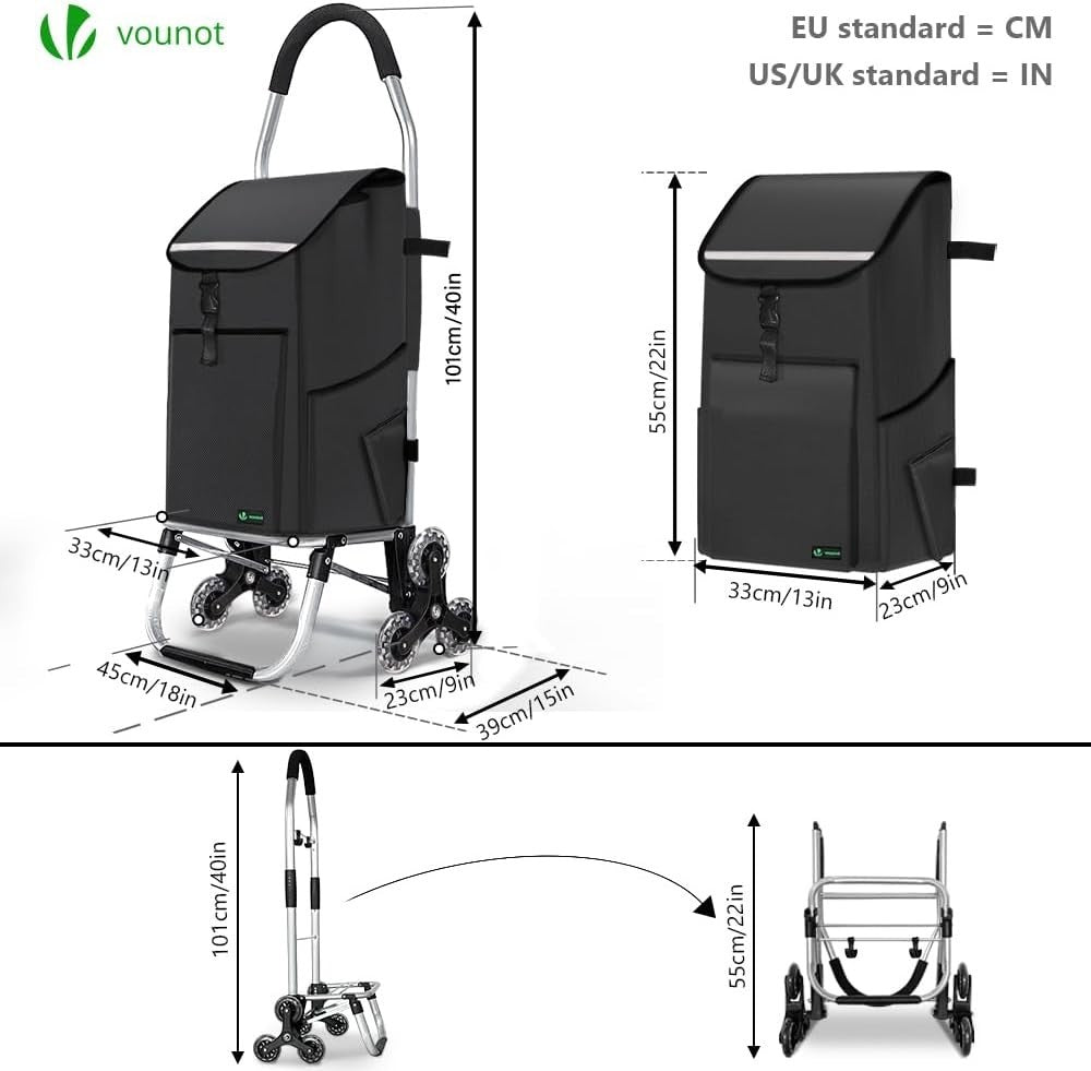 58L Folding 6-Wheel Shopping Trolley Black Stair Climbing Cart
