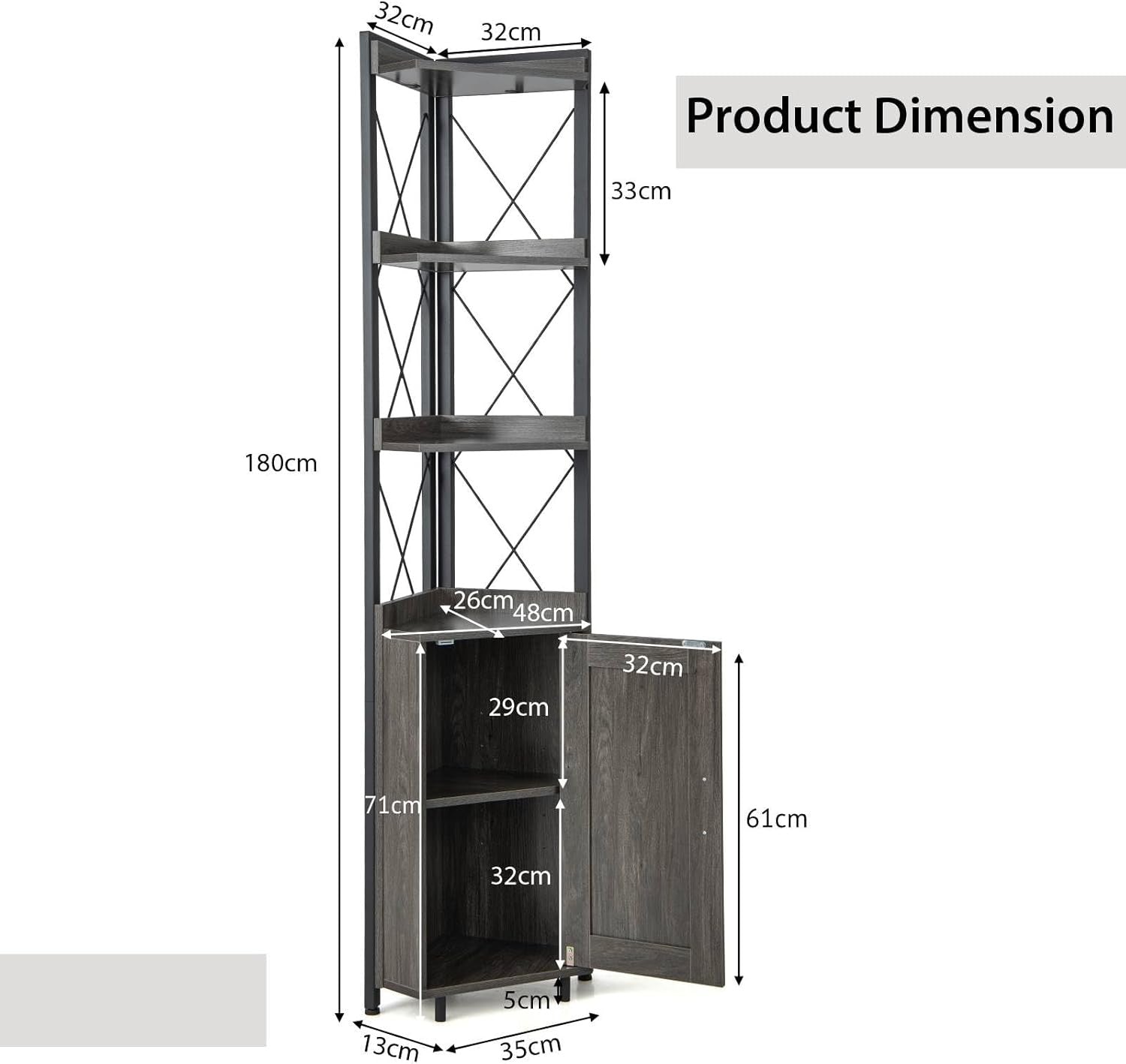 Grey 6-Tier Corner Bookcase Tall Freestanding Storage Shelf with Cabinet