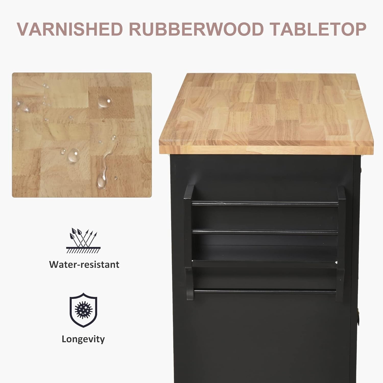 Kitchen Island Trolley on Wheels Storage Cabinet Drawer Butcher Wood Top