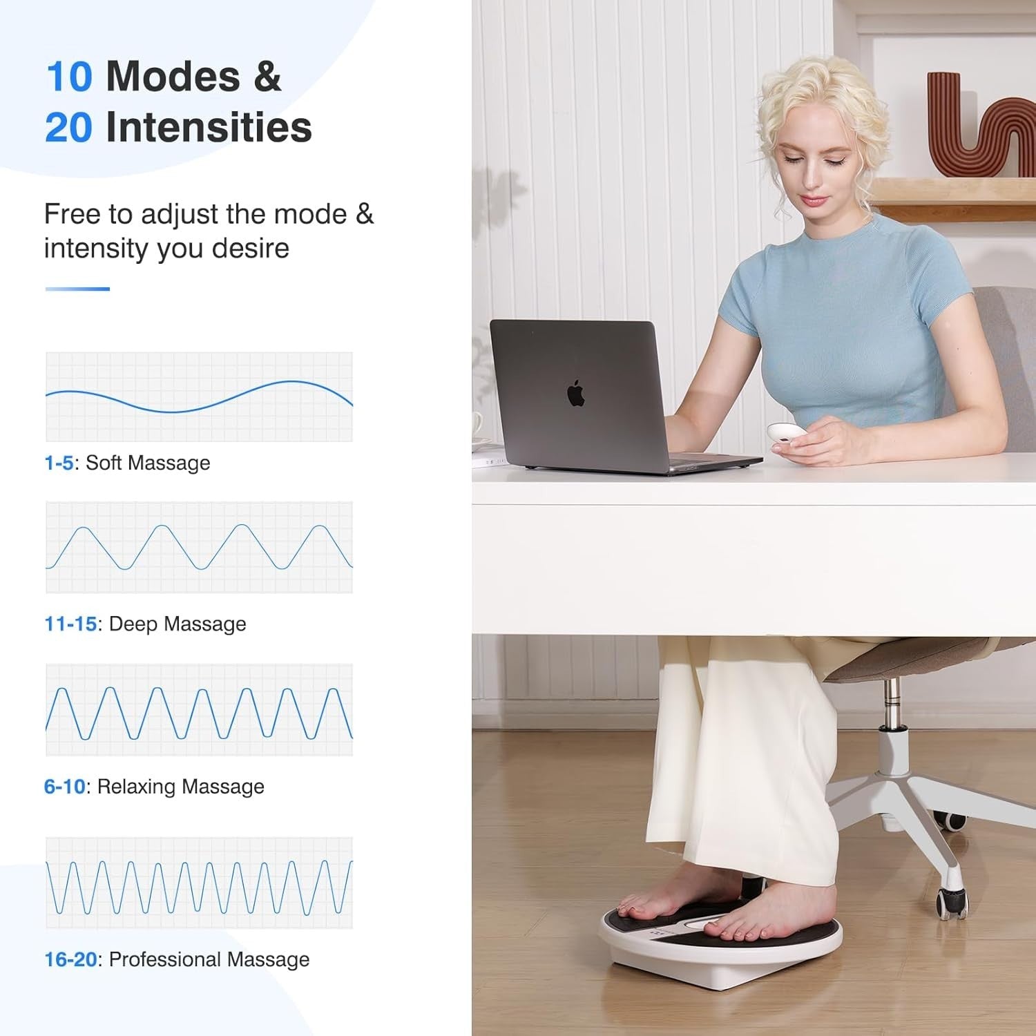 Cordless EMS TENS Foot Massager 10 Modes 20 Intensities Pain Relief White