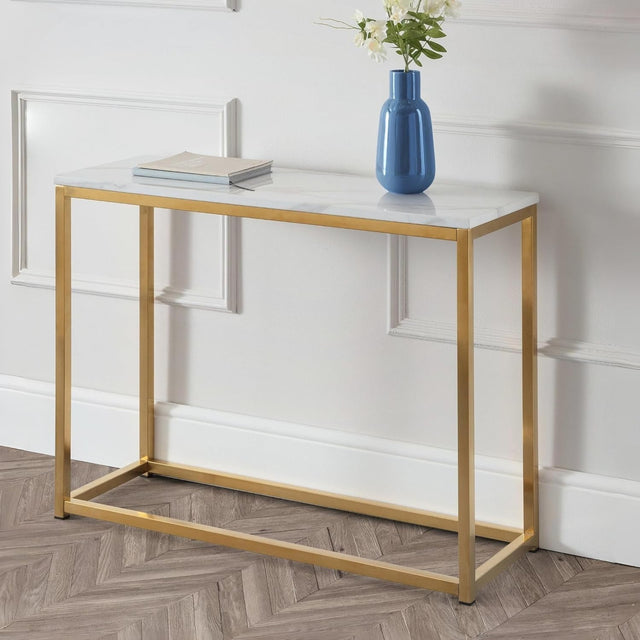 White Marble Console Table with Gold Legs – Stylish Entryway Storage