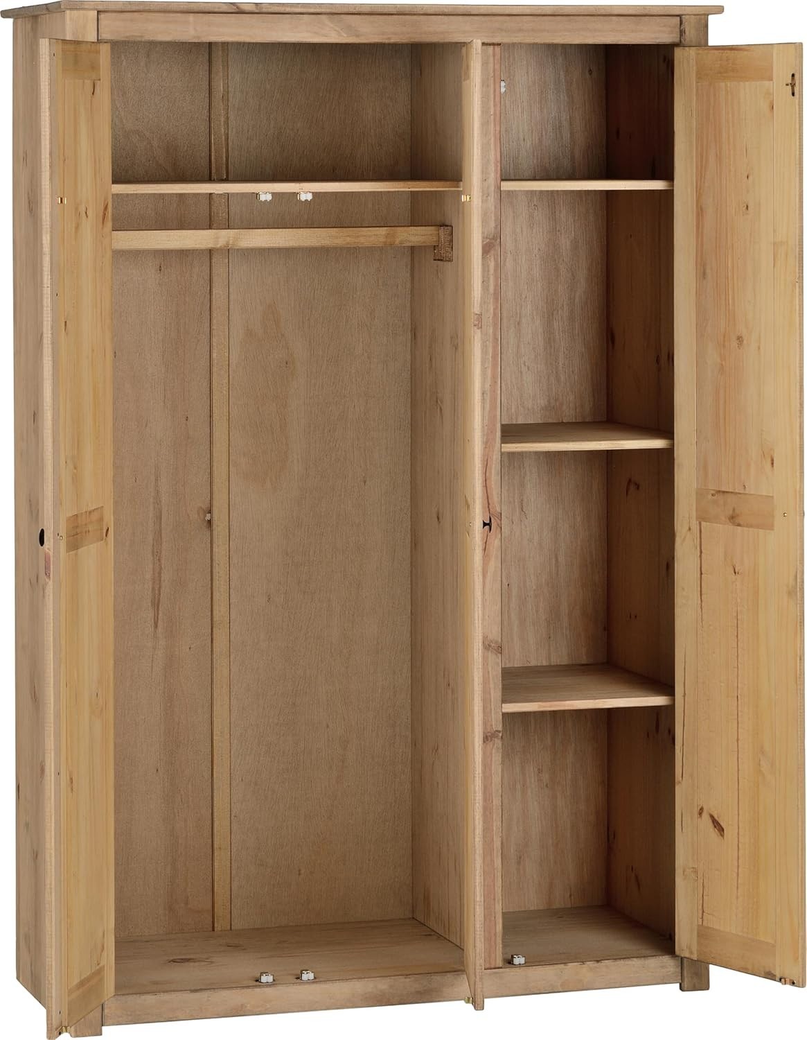 Rustic 3 Door Pine Wardrobe Natural Wax Finish Hanging Shelf Storage