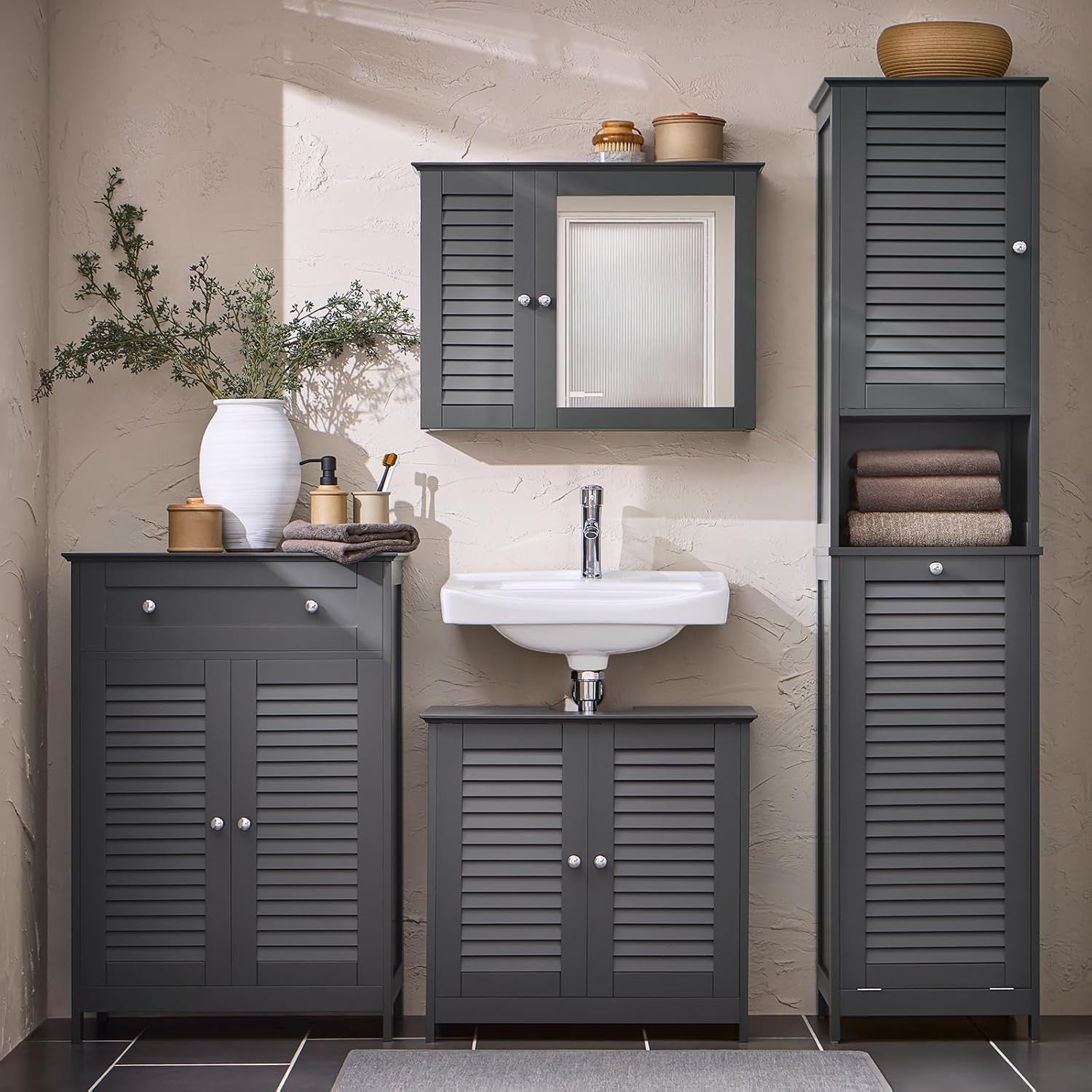 Tall Bathroom Storage Cabinet with Laundry Basket Slim Freestanding Unit Grey