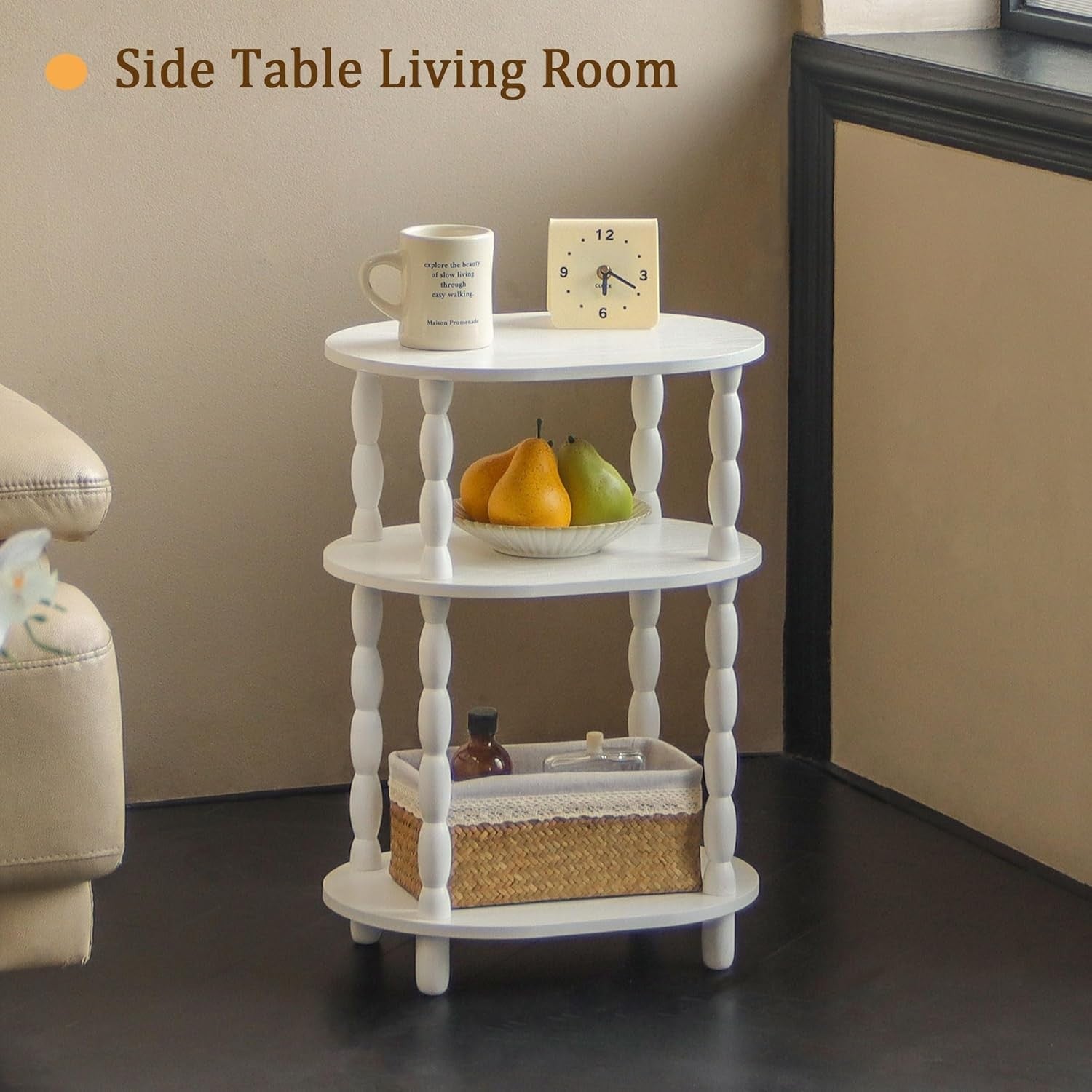 3-Tier Oval Side Table White, Compact Modern End Table with Storage Shelves