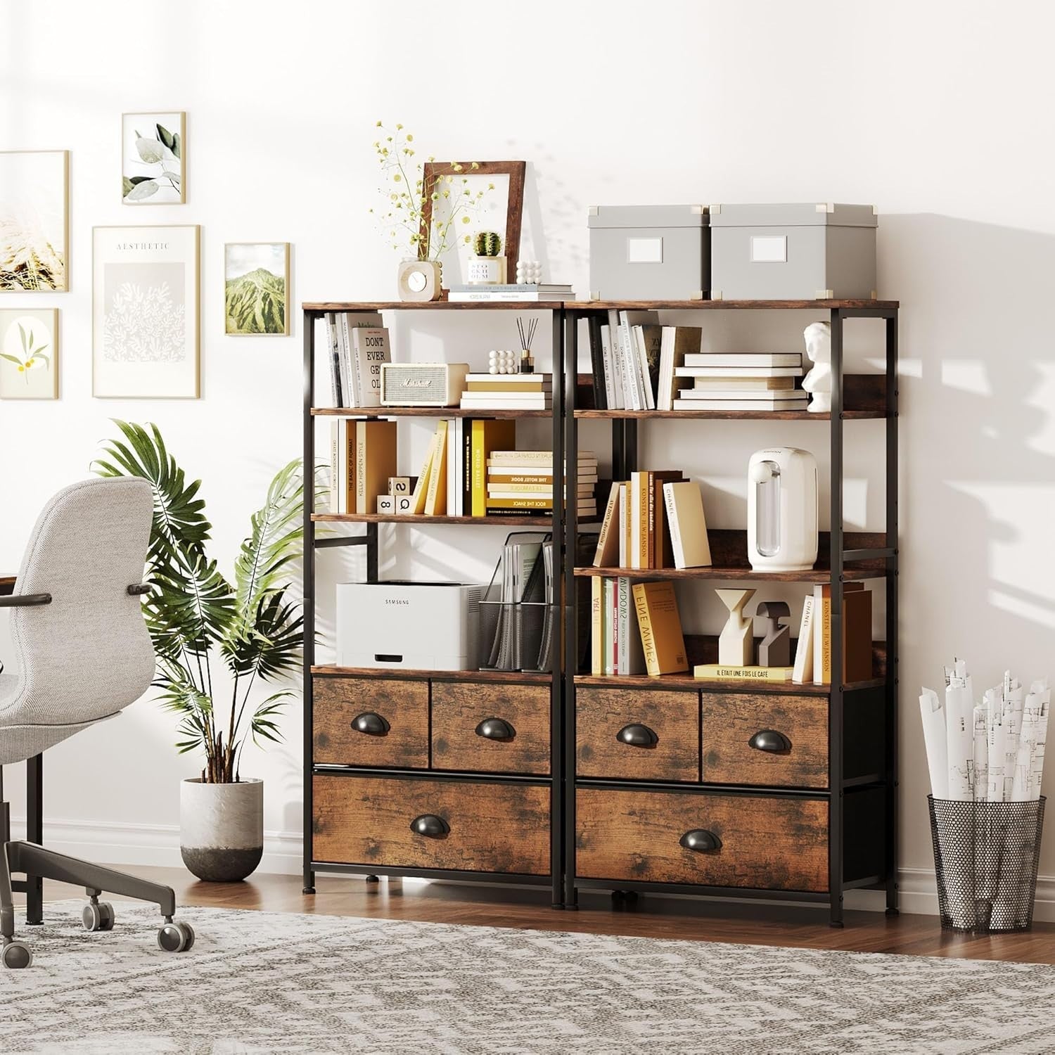 4 Tier Rustic Bookshelf with 3 Drawers Industrial Storage Cabinet Shelves Brown