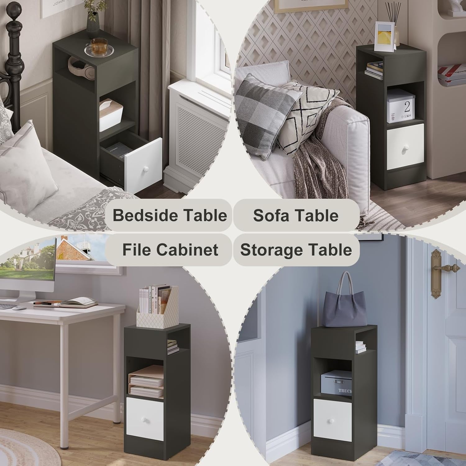 Set of 2 Slim Dark Grey Bedside Tables with Drawer & Open Shelves 25x30x66cm