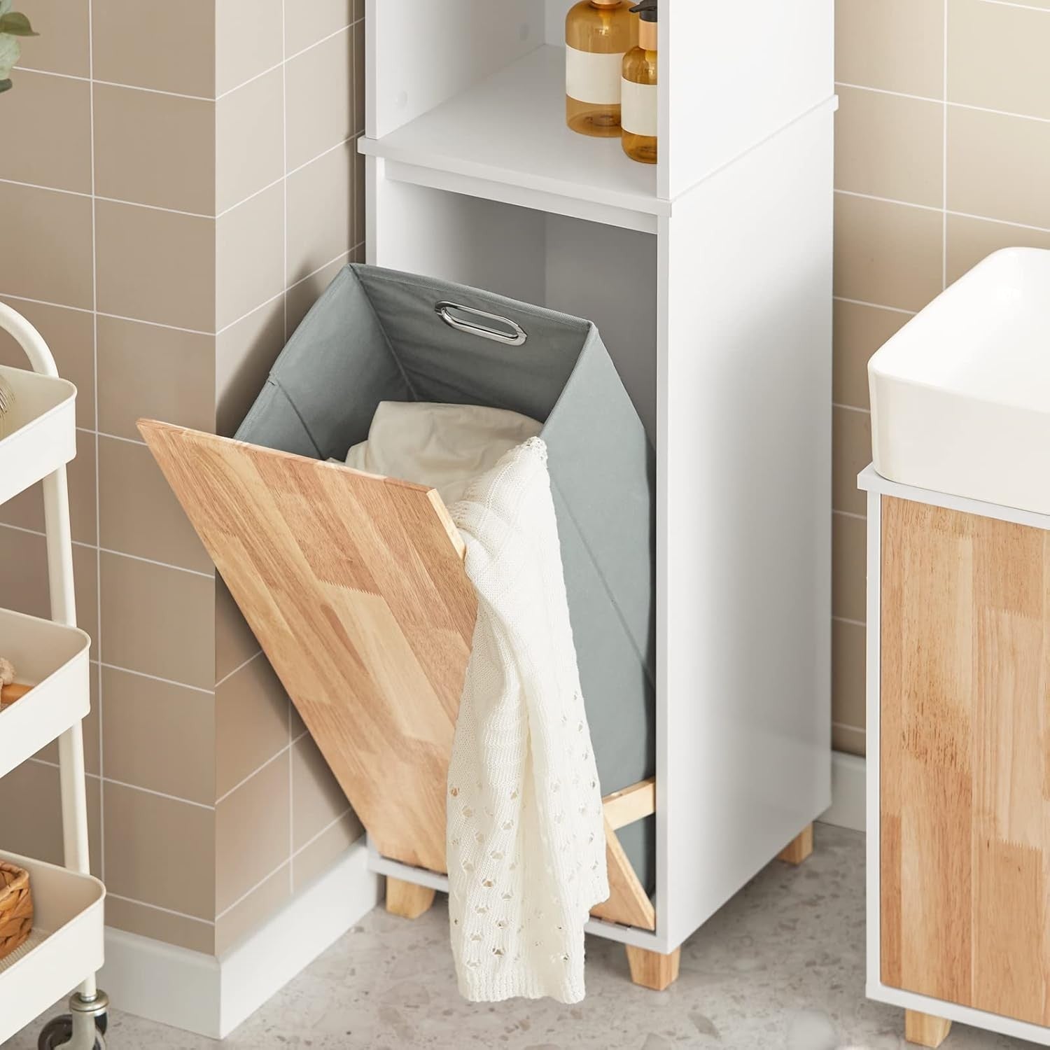 Tall Bathroom Storage Cabinet with Fold-Out Laundry Basket White 31×32×170cm