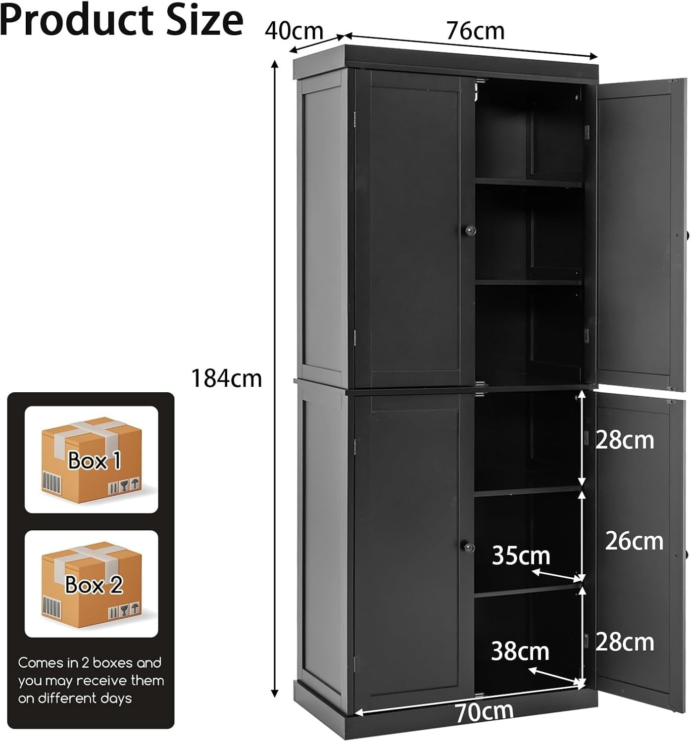 184cm Tall Kitchen Cupboard 6-Tier Pantry Storage Cabinet Black