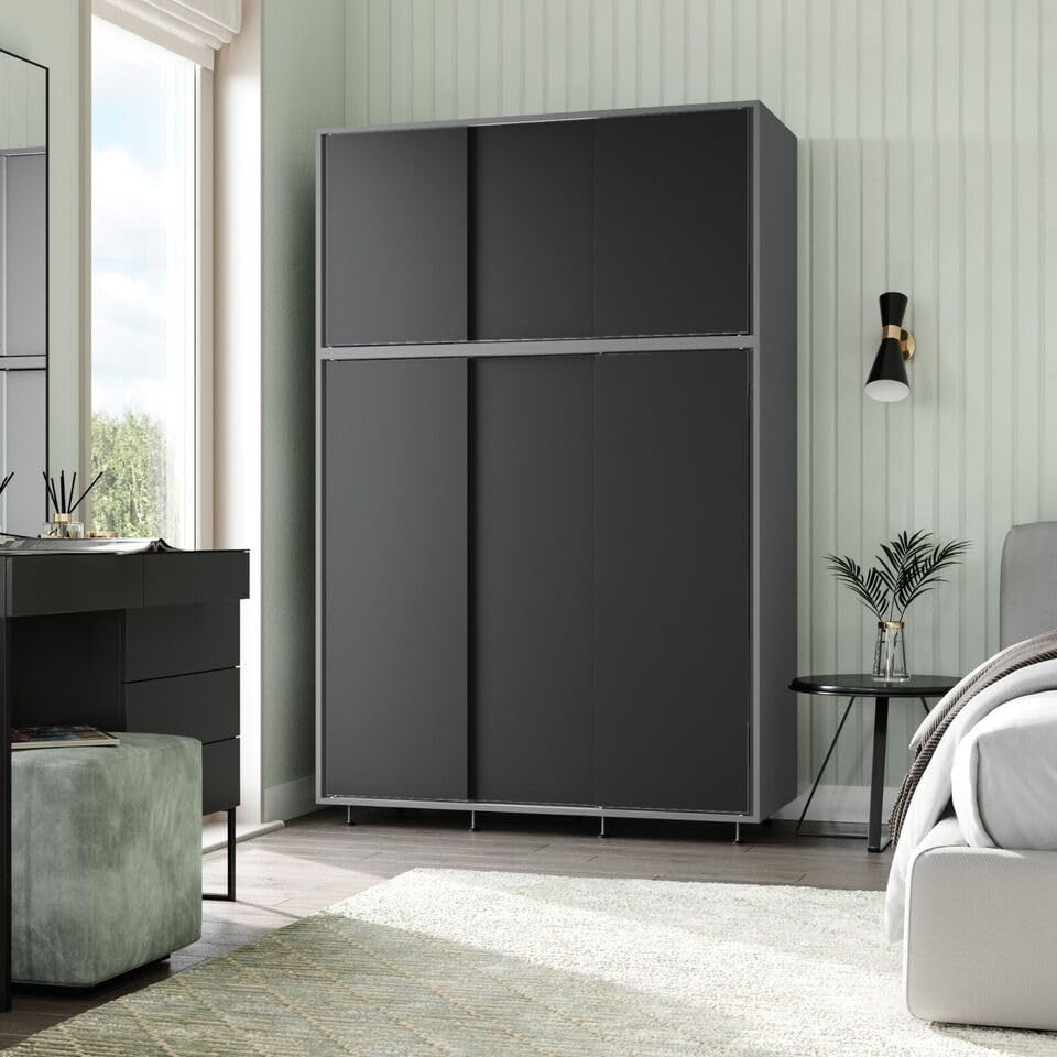 6-Door Black Sliding Wardrobe with Adjustable Feet & Large Bedroom Storage