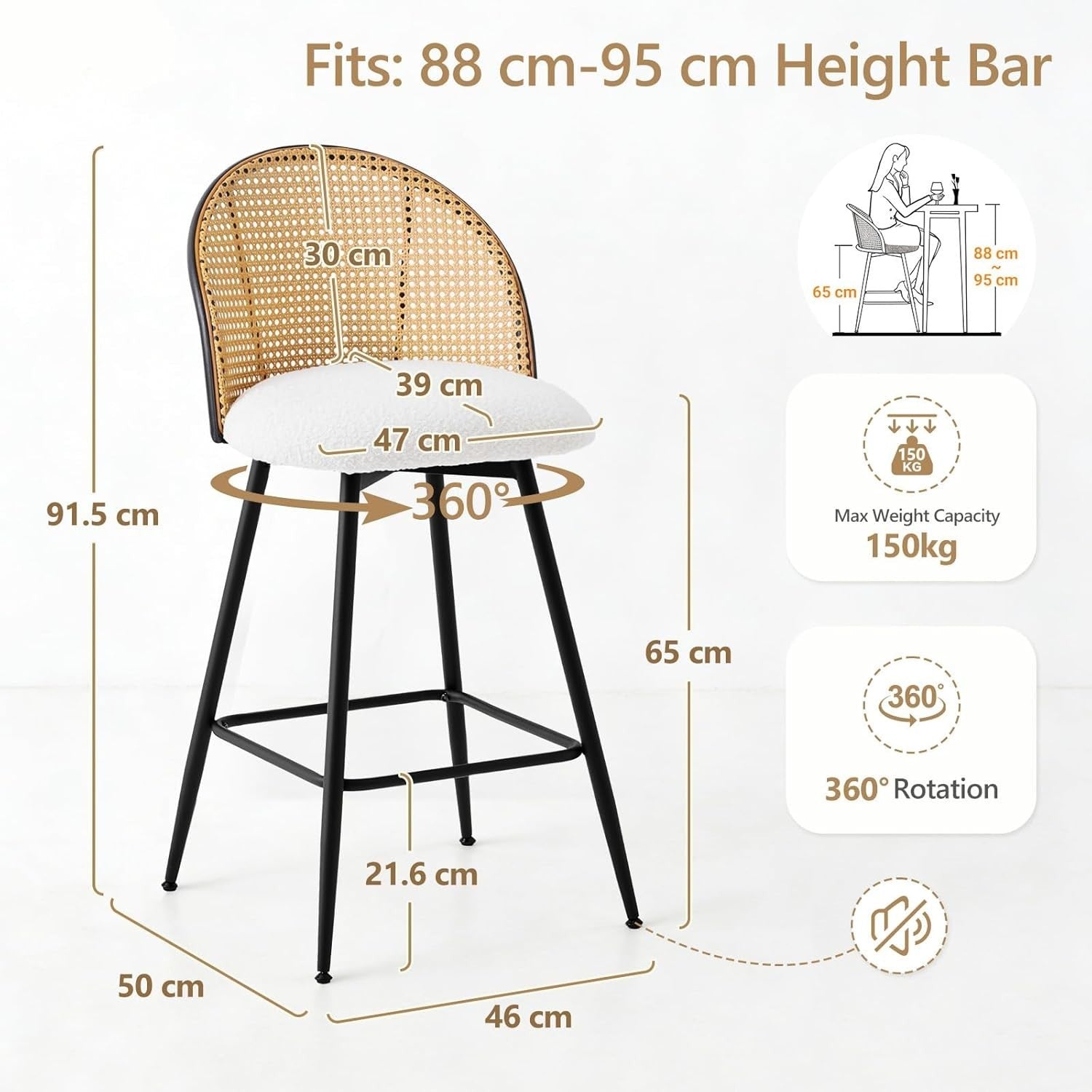 White Swivel Kitchen Counter Stools Pair Upholstered Rattan Back Island Seats