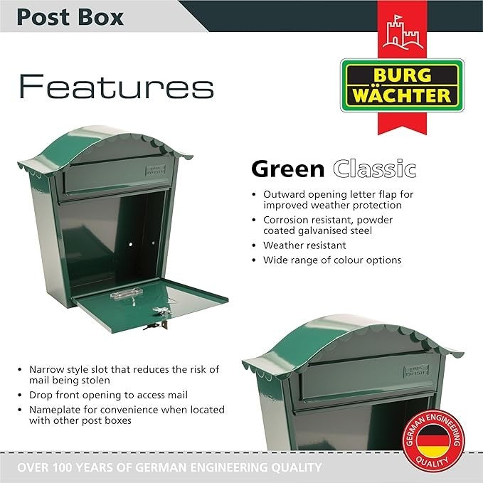 Lockable Wall Mounted Steel Post Box Green Weatherproof Secure Mail Slot