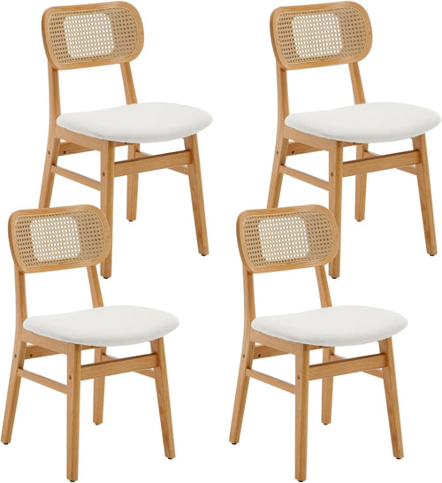 Beige Rattan Dining Chairs Set of 4 Padded Upholstered Wooden Kitchen Seats