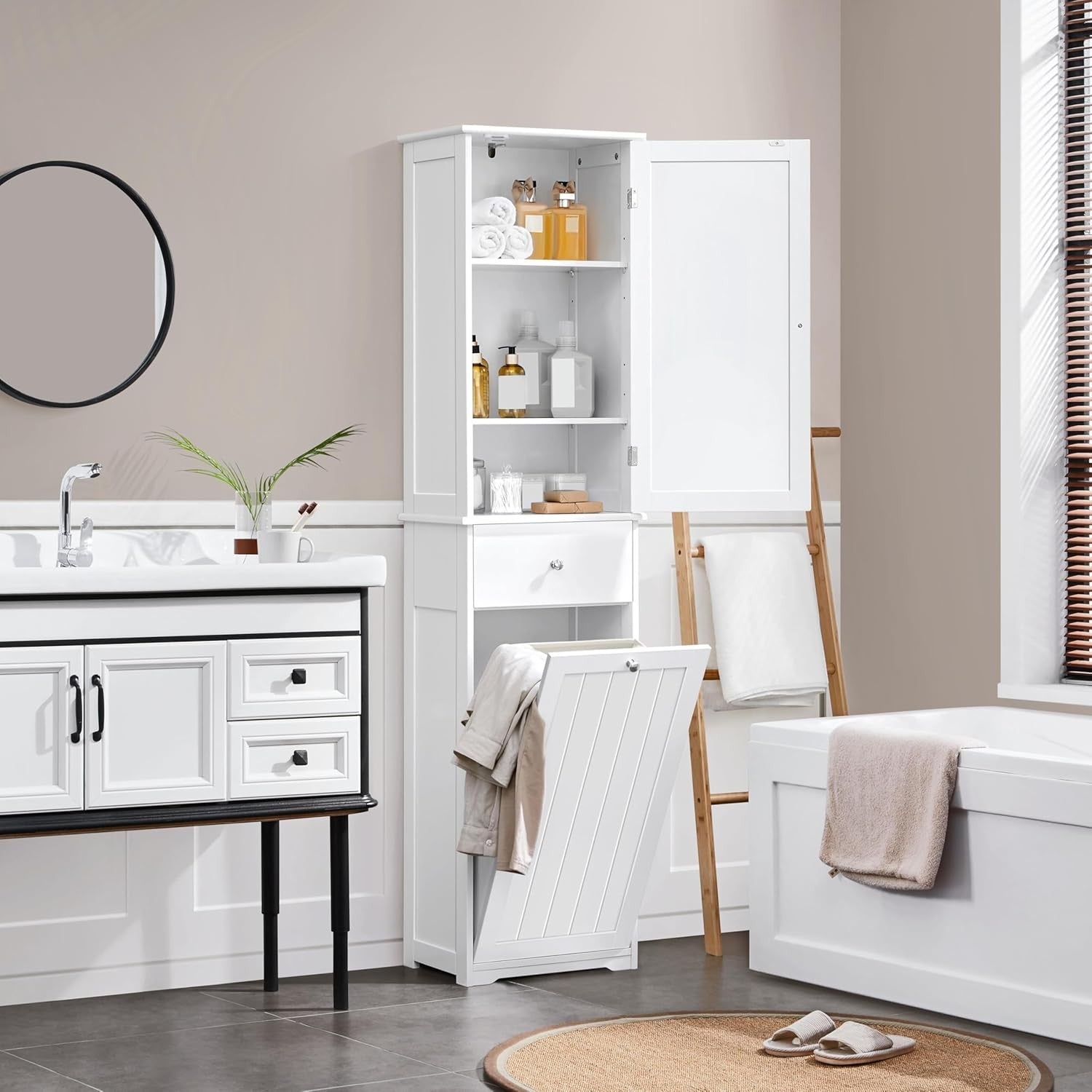 Tall Bathroom Laundry Cabinet with Hamper Drawer Storage Unit White