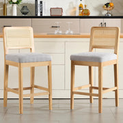 Gray Chenille Bar Stool Set of 2 with Rattan Back Wooden Legs