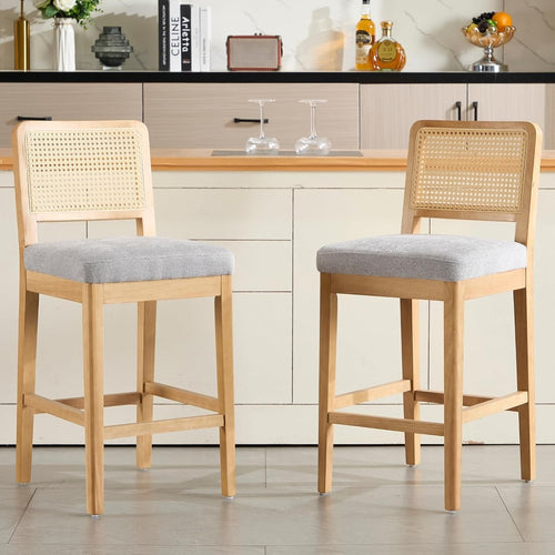 Gray Chenille Bar Stool Set of 2 with Rattan Back Wooden Legs