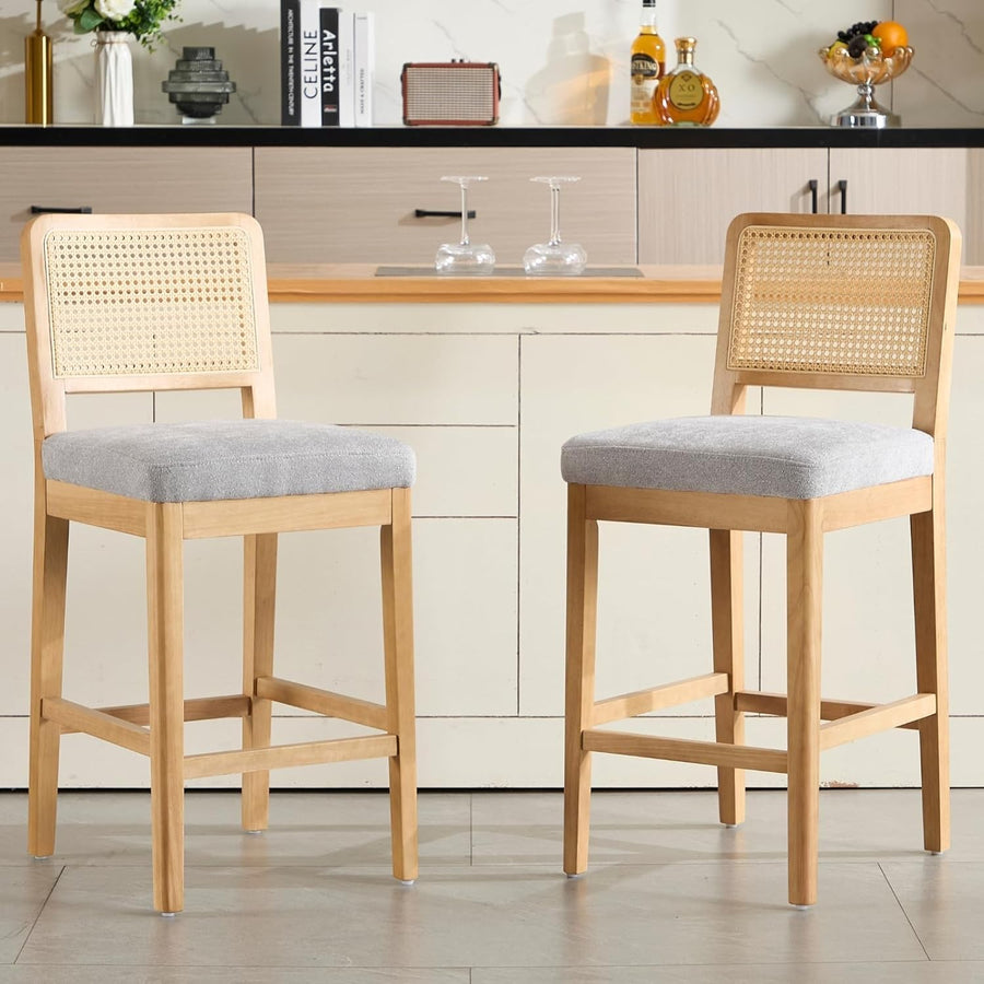 Gray Chenille Bar Stool Set of 2 with Rattan Back Wooden Legs