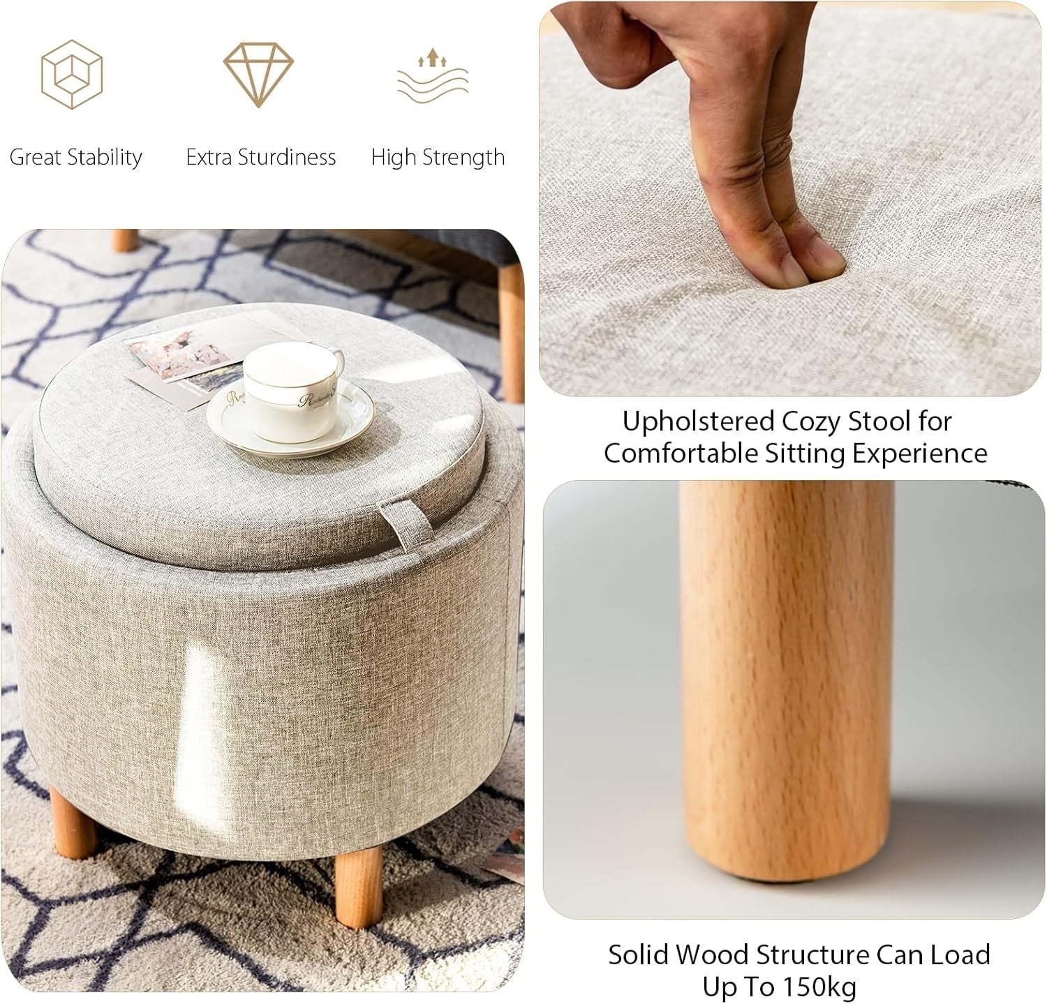Beige Linen Round Storage Ottoman Stool 4-in-1 Footrest Tray Top Seat