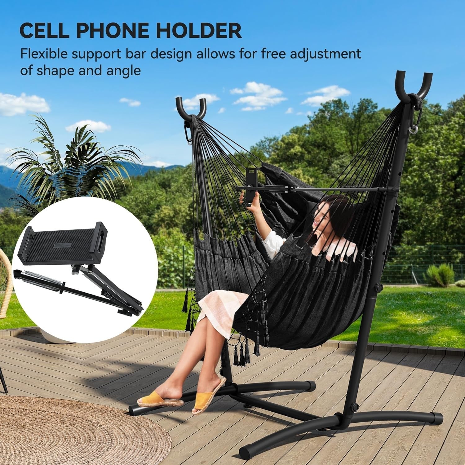 Heavy-Duty Outdoor Hammock Chair with Stand, Adjustable Phone Holder, 158x110x14
