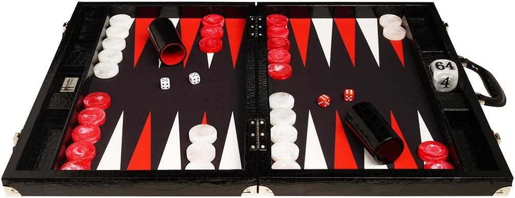 21 Inch Tournament Backgammon Set Black Croco Folding Luxury Board Game
