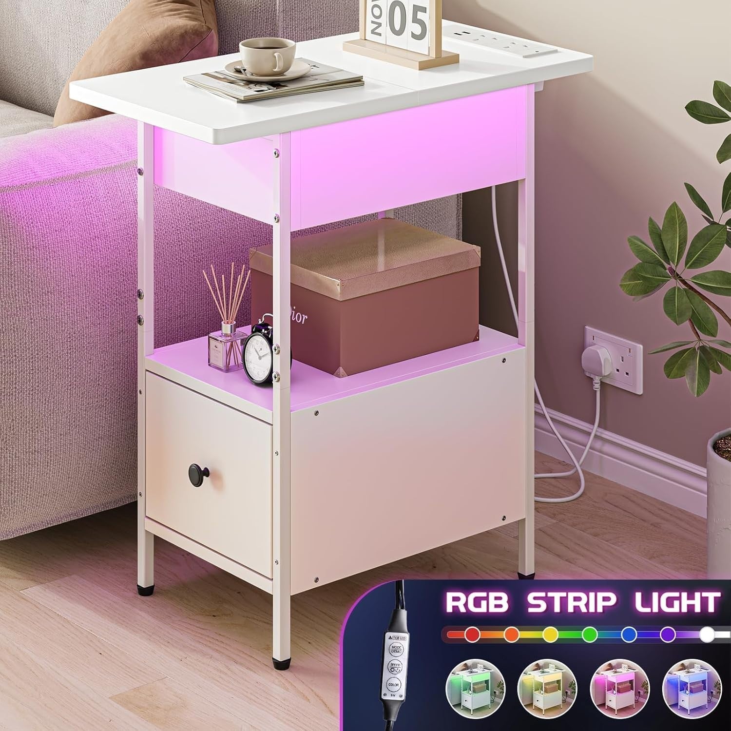 Slim White Smart Bedside Table with LED Light, USB Charging & Drawer