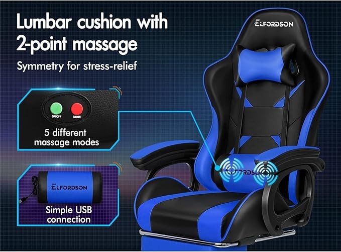 ELFORDSON Gaming Chair w/ 2-Point Massage Lumbar Blue