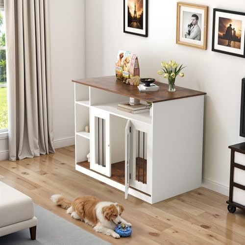 Wooden Dog Crate Furniture White – Lockable Medium Pet Kennel Cabinet