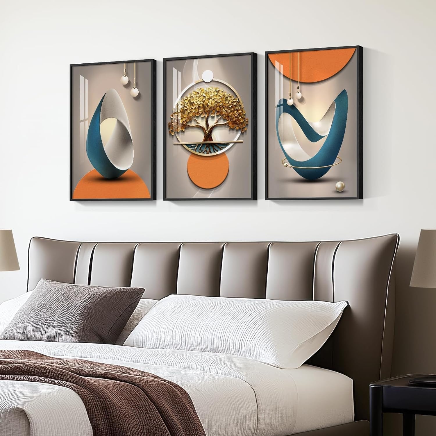Framed Abstract Wall Art Set of 3 Modern Orange Grey Prints