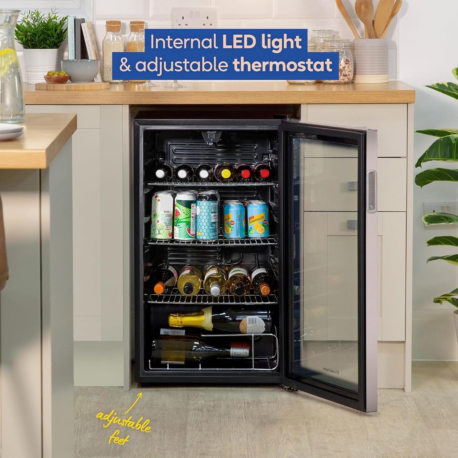Under Counter Drinks Fridge Stainless Steel Glass Door LED Cooler 93L 48 Can
