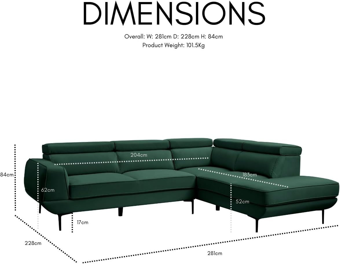 5 Seater L-Shaped Velvet Sofa with Adjustable Headrests & Metal Legs